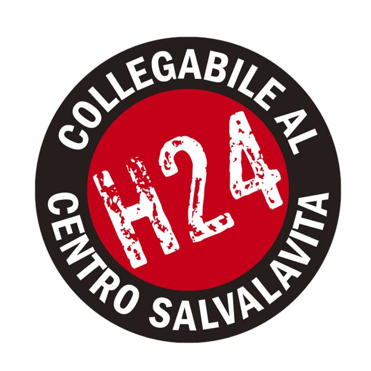 Logo con "H24" in bianco su cerchio rosso, circondato da testo nero su anello nero.