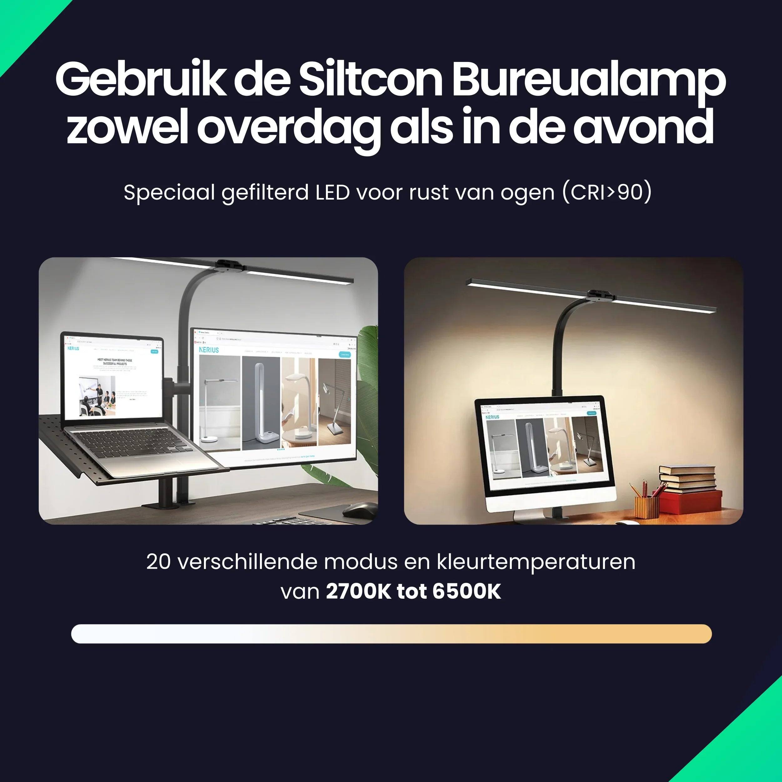 Bureau-opstelling met laptop- en monitorbeeldschermen, met bureaulamp en kleurentemperatuurschaal.