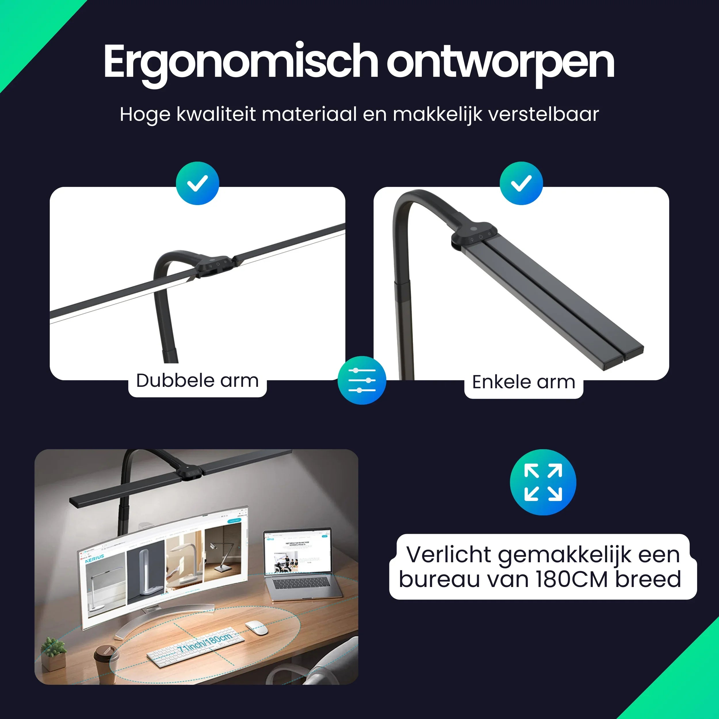 Ergonomisch ontworpen bureaulamp met dubbele of enkele arm, verlicht 180cm brede bureaus.
