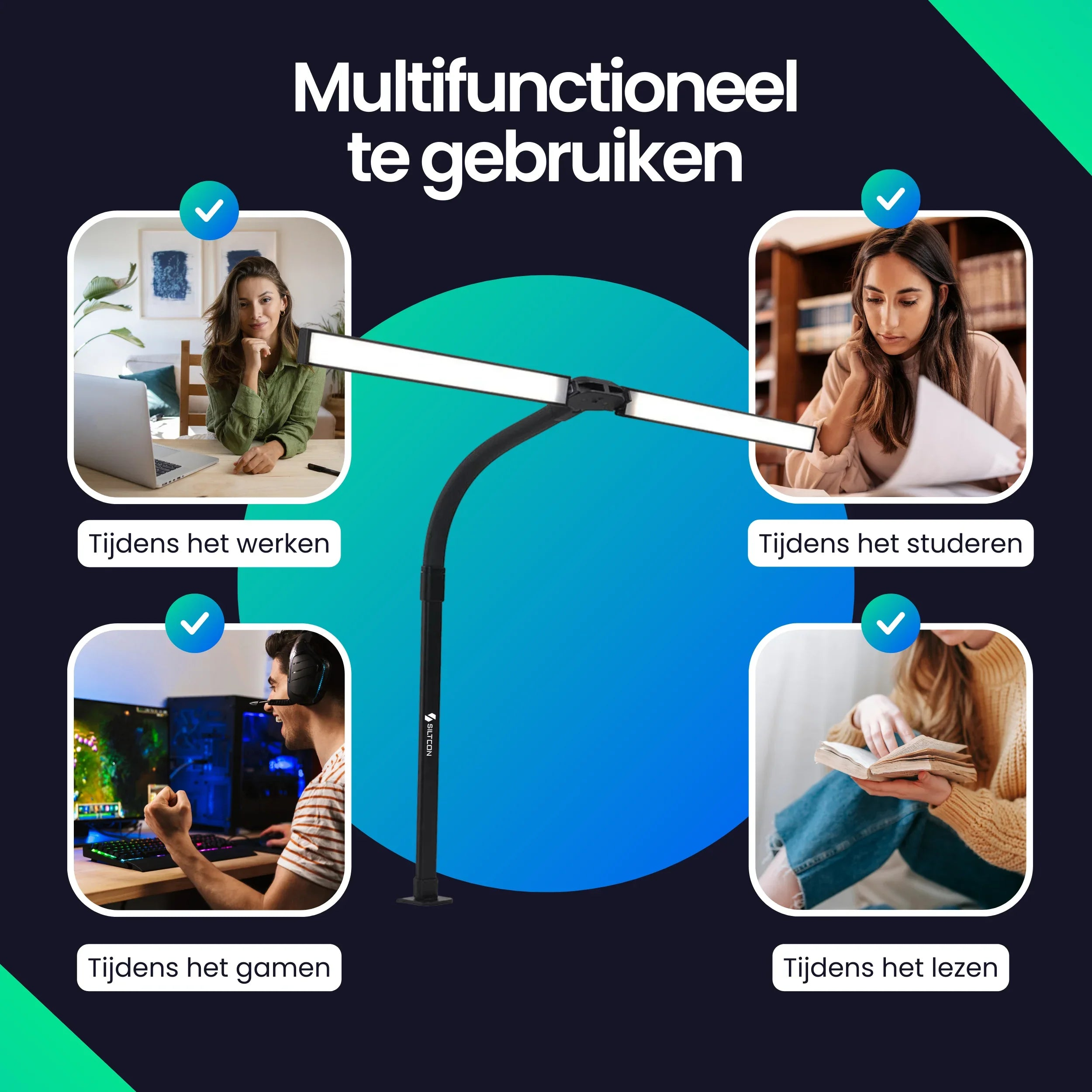 Een moderne bureaulamp wordt getoond, bruikbaar voor werken, studeren, gamen en lezen.