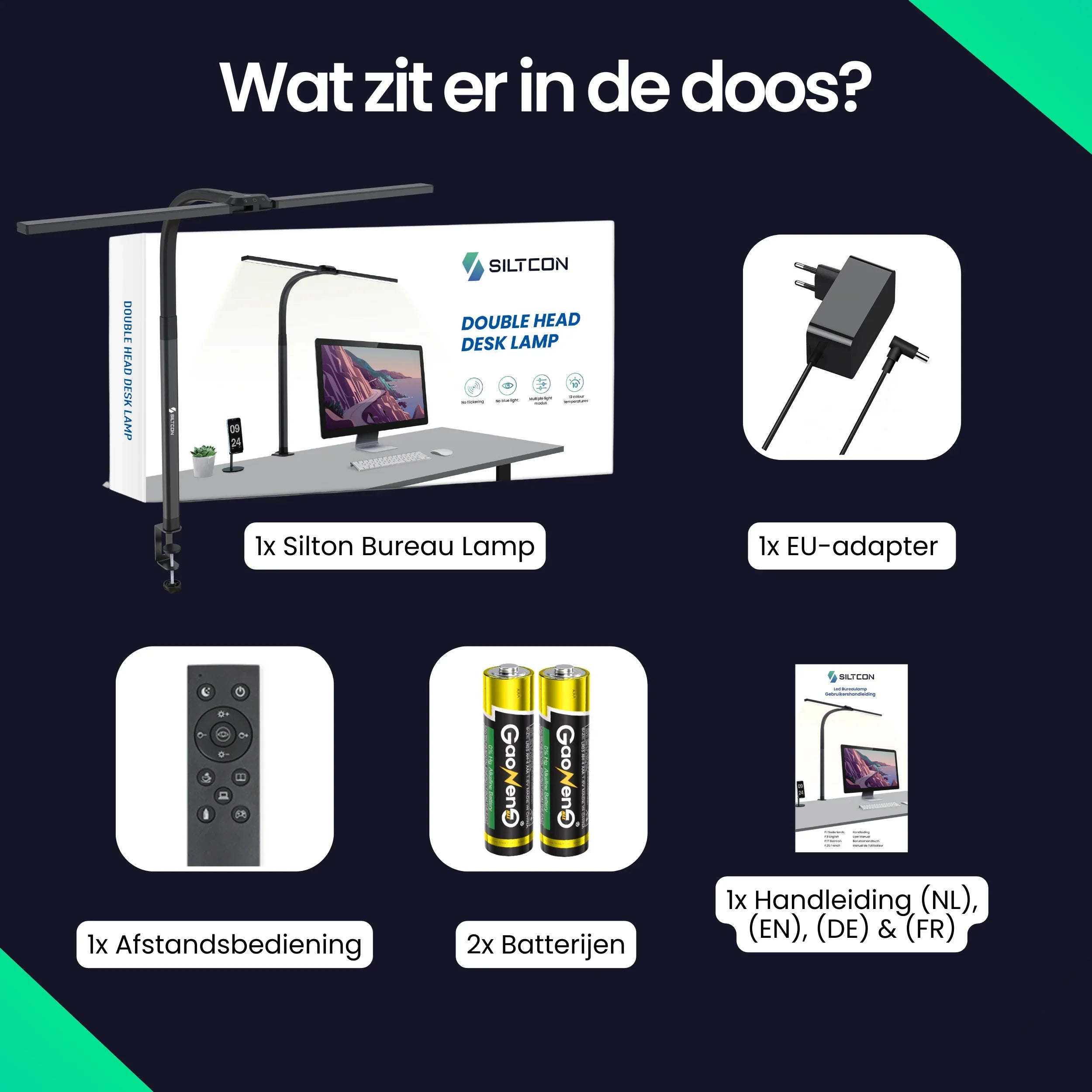 Doosinhoud: Bureau lamp, adapter, afstandsbediening, batterijen, handleiding.