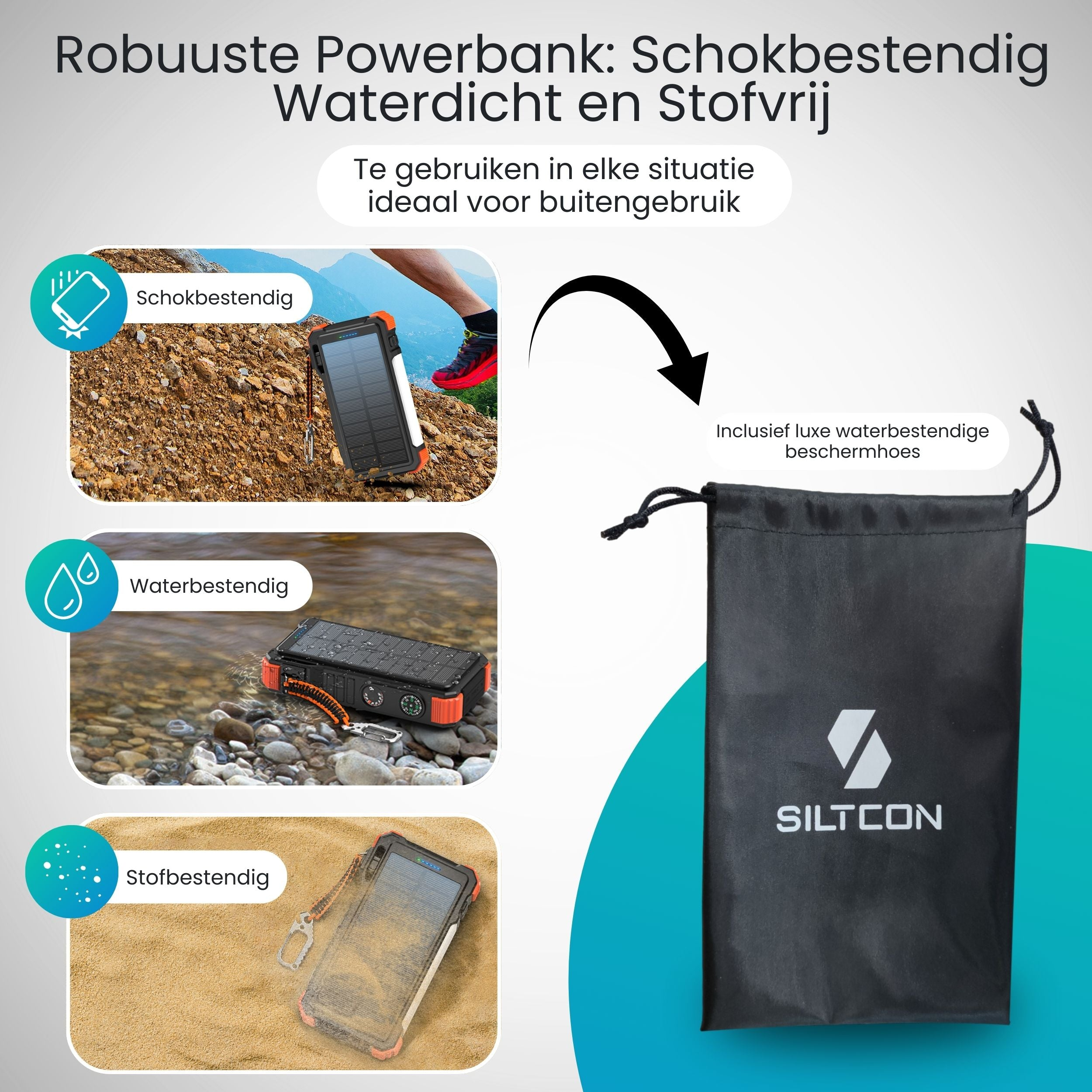 Rugged Powerbank: shockproof, waterproof, dustproof. Includes protective pouch.