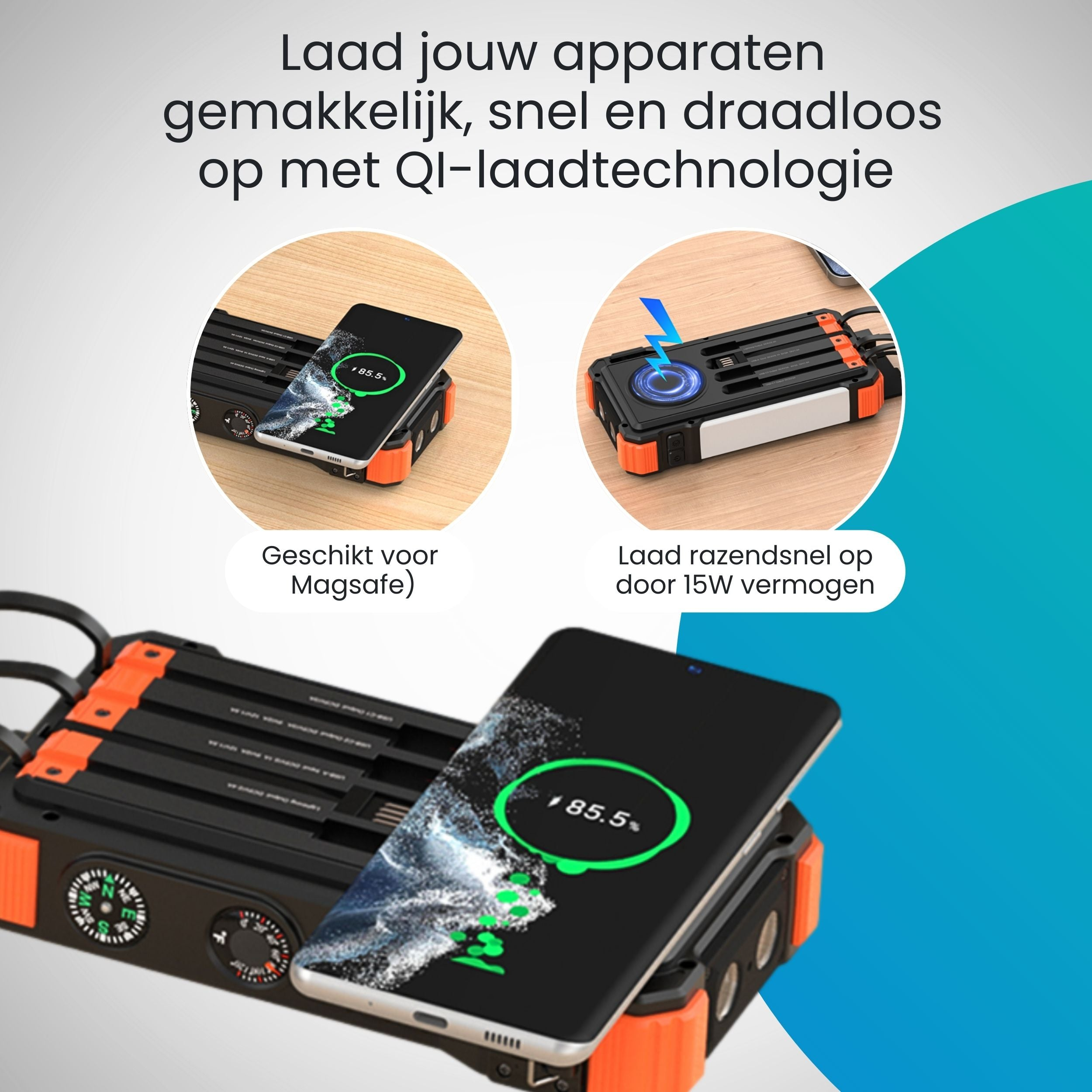 A black charger with orange accents and a charging smartphone.