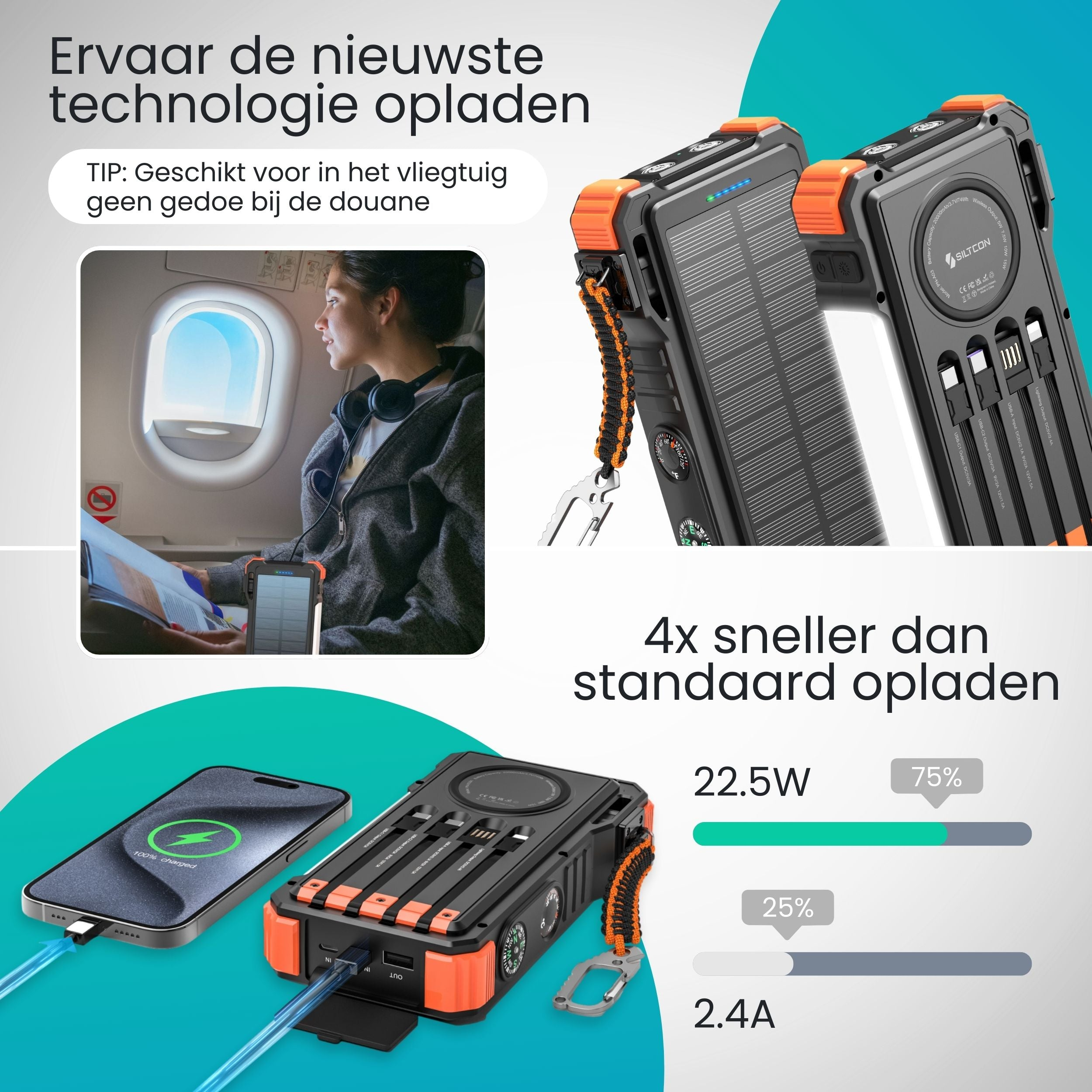 A woman in a plane looks out the window. A smartphone is charging from a solar power bank.