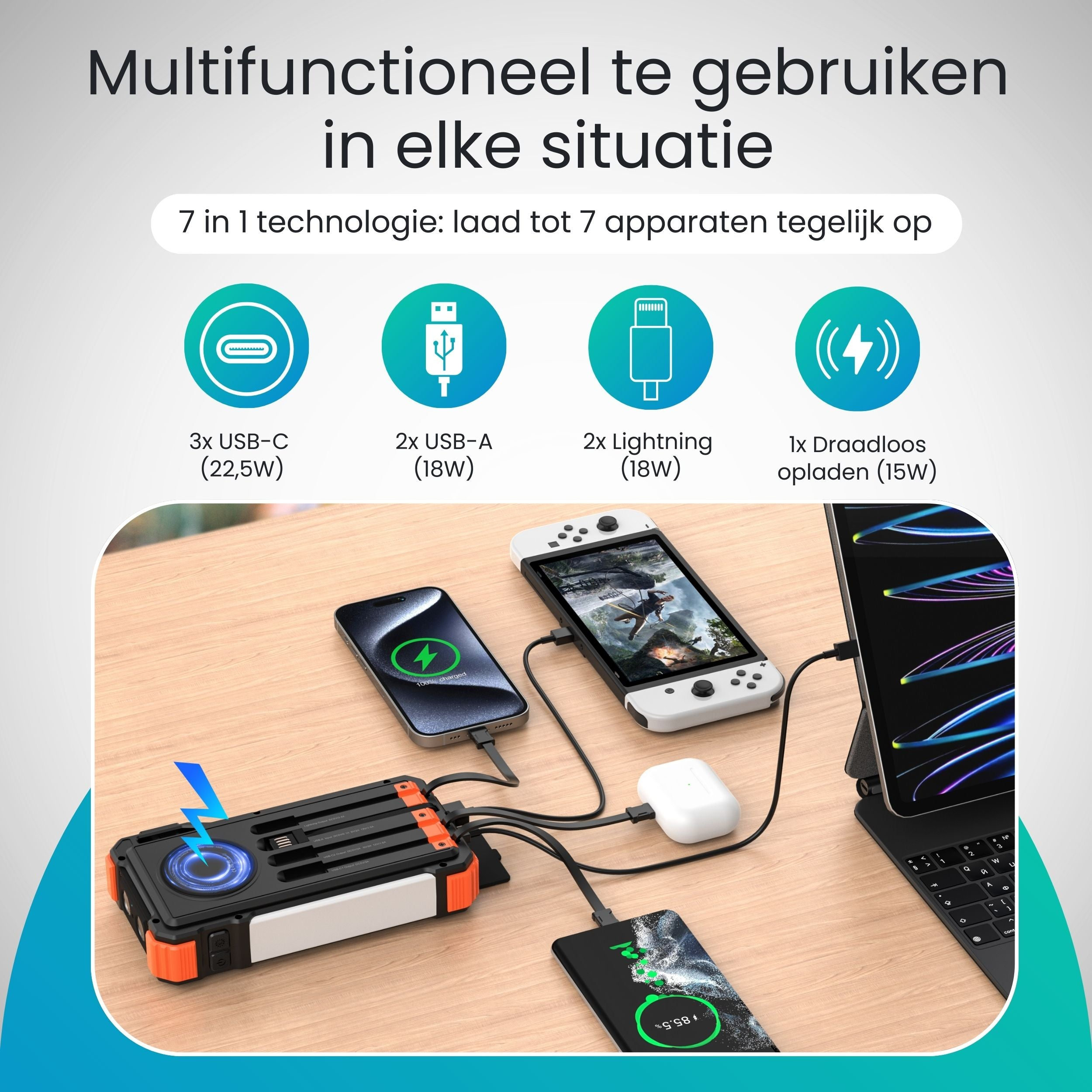 A multi-port, multi-functional charger powering phones, a tablet, and earbuds.