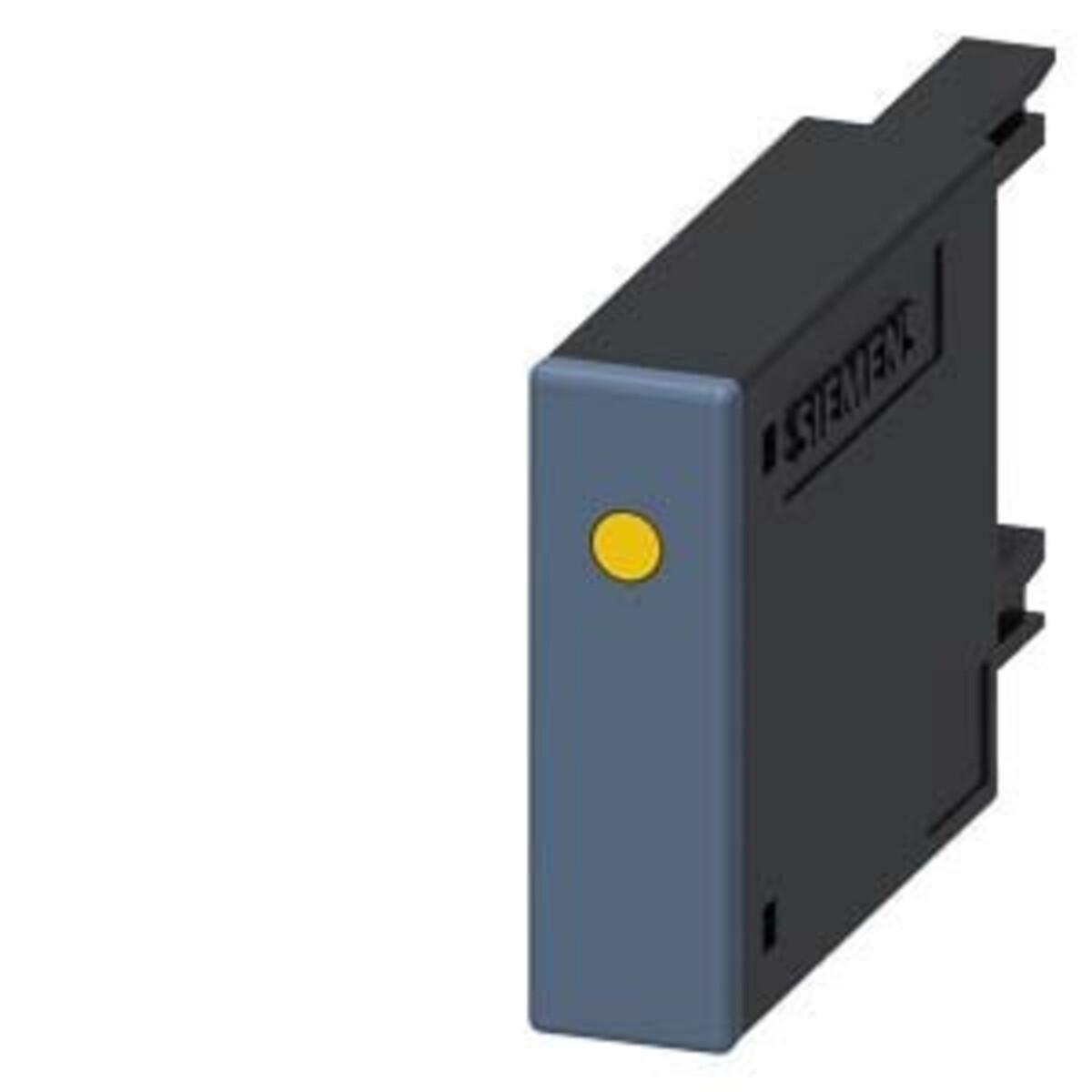 Un dispositivo Siemens nero con pannello frontale blu e pulsante giallo.