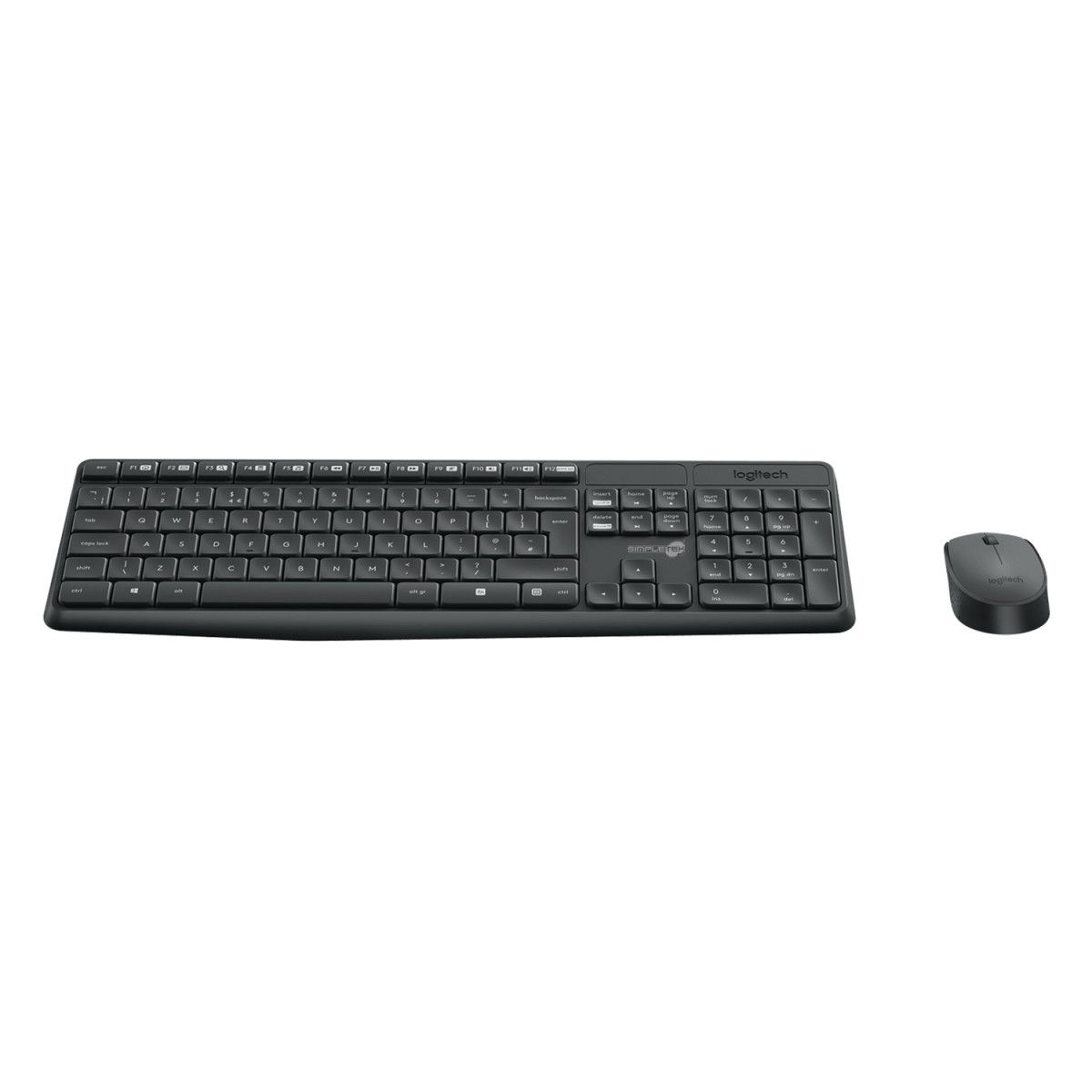 Un set di tastiera e mouse wireless Logitech neri su sfondo bianco.