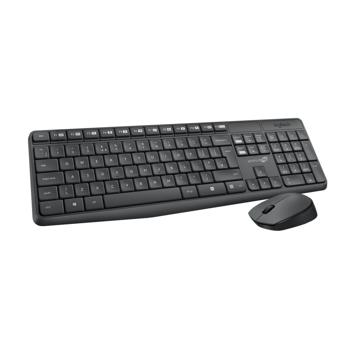 Una tastiera e un mouse Logitech neri su sfondo bianco.