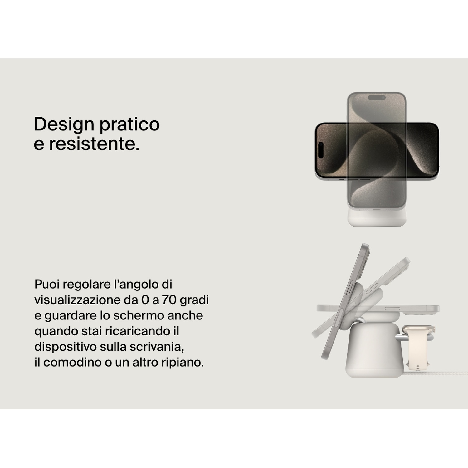 Un supporto bianco che tiene un telefono a varie angolazioni.
