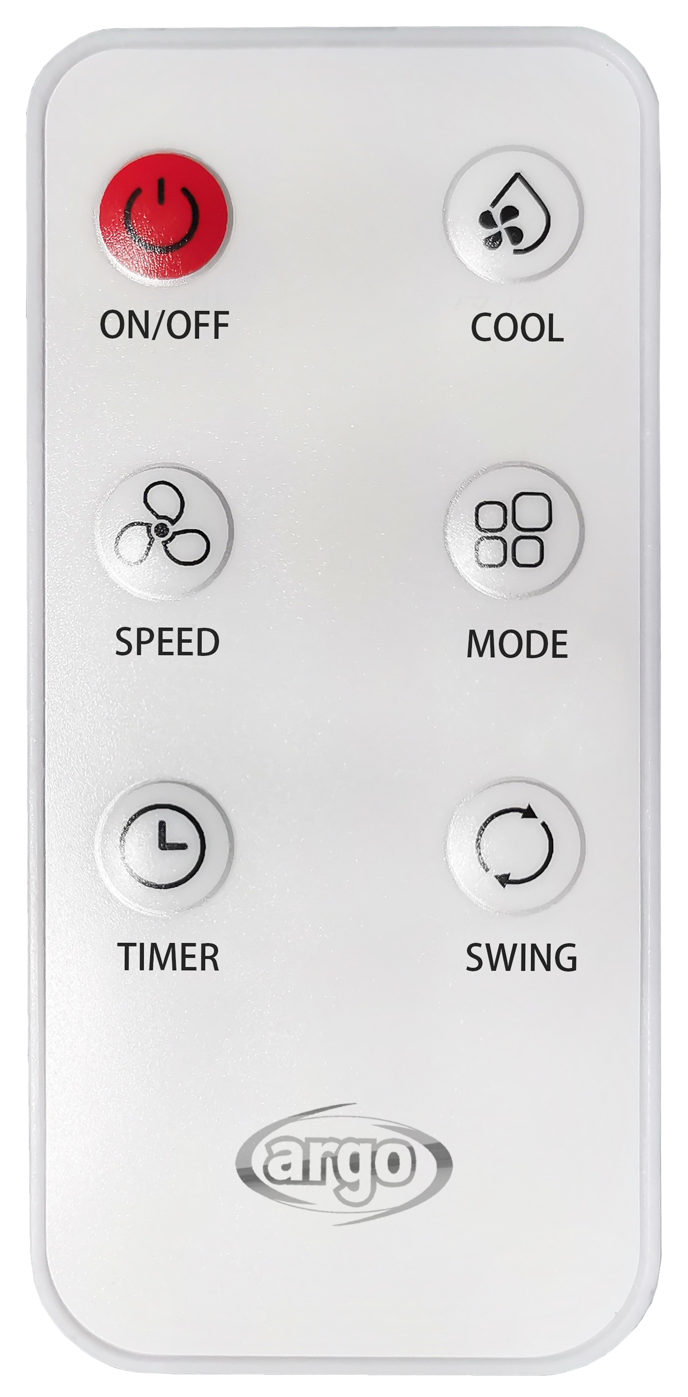 Telecomando bianco con pulsanti: ON/OFF, COOL, VELOCITÀ, MODALITÀ, TIMER, SWING. Logo Argo in basso.