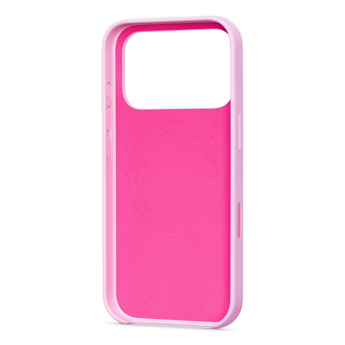 Różowe etui na iPhone z wycięciem na aparat. Wnętrze jest jaskrawo różowe.