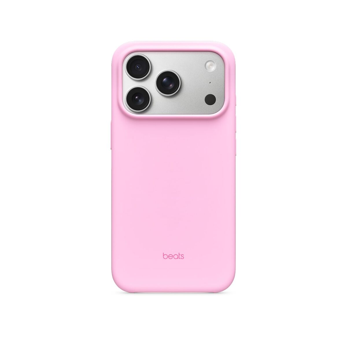 Różowe etui na telefon z trzema obiektywami aparatu i logo Beats.