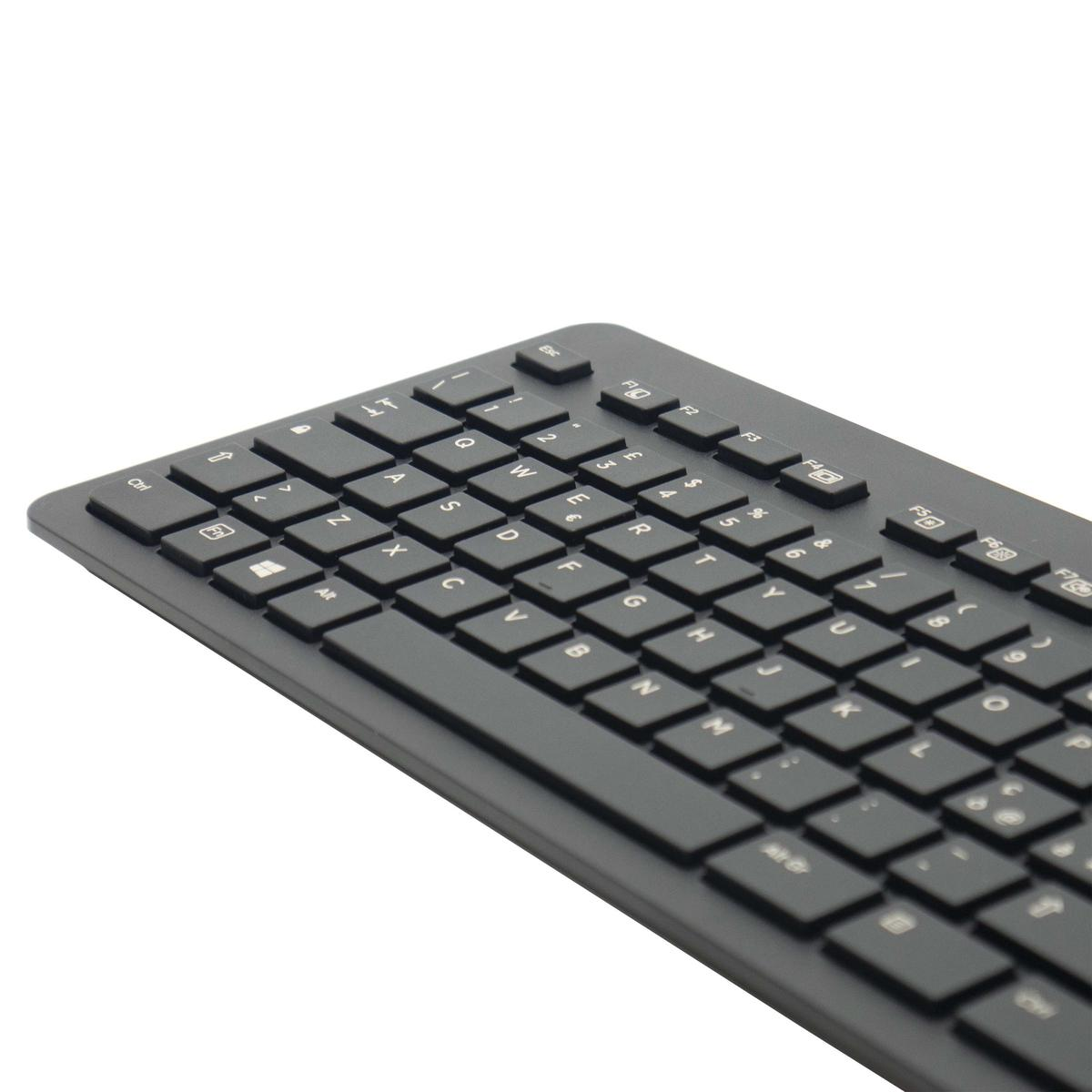 Una tastiera per computer nera con layout QWERTY, vista angolata. Tasti bianchi con lettere nere.