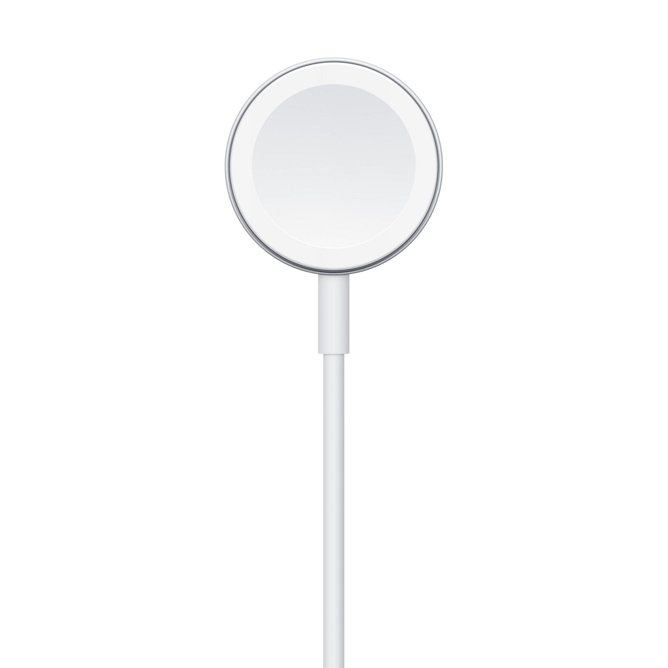 Un cable de carga blanco con un cabezal redondo y plateado.