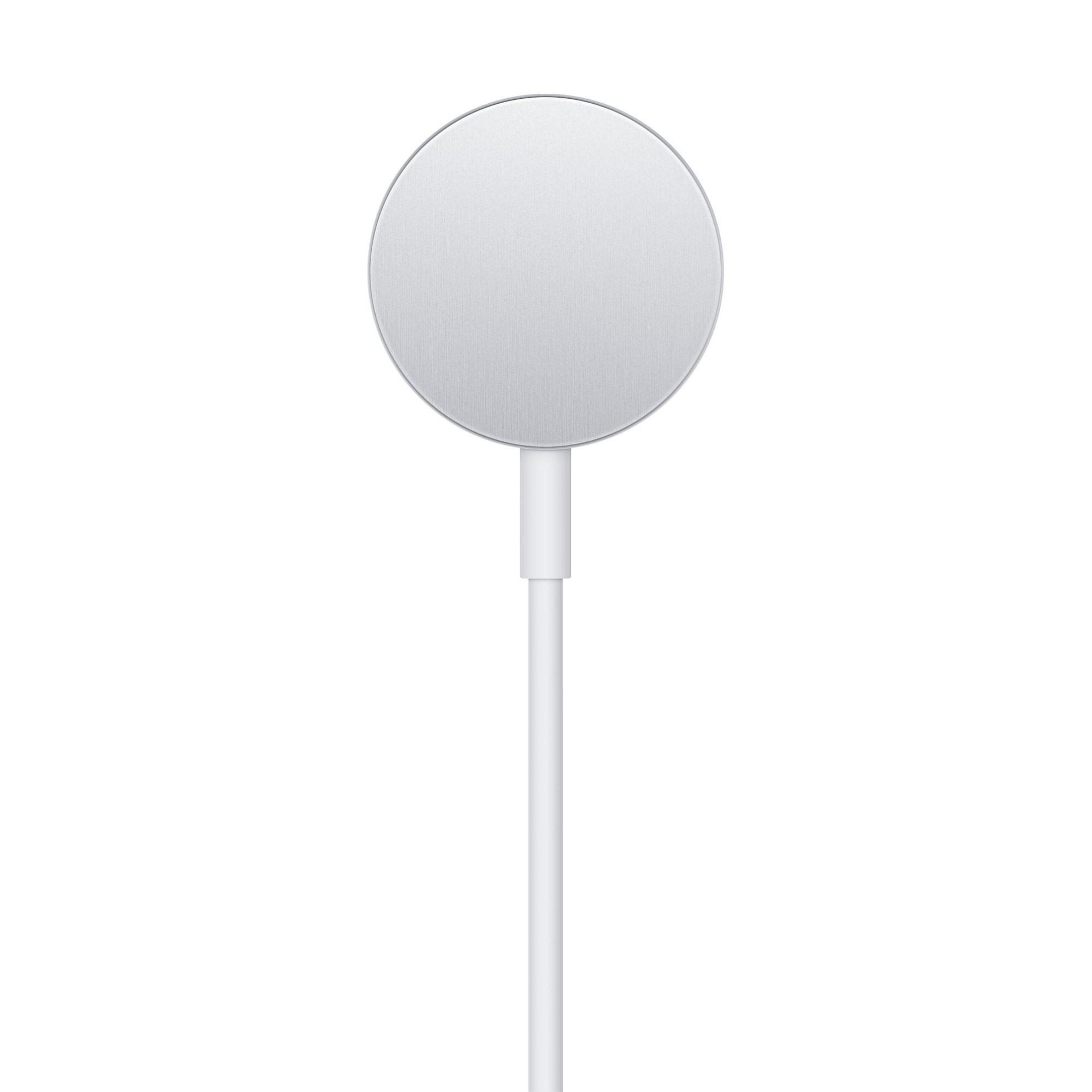 Un cable de carga blanco con un cargador magnético redondo y plateado.
