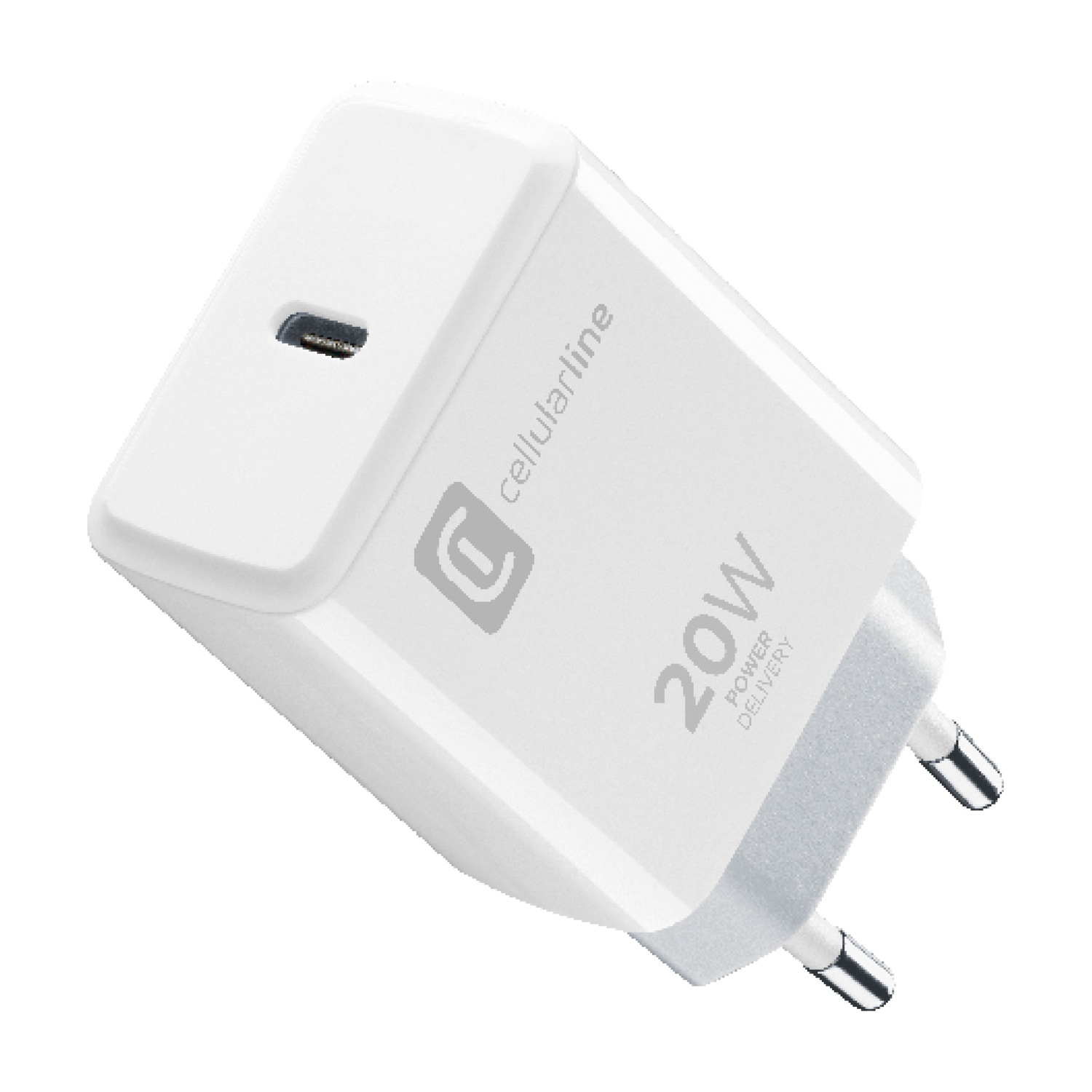Un chargeur blanc USB-C 20W avec Power Delivery.
