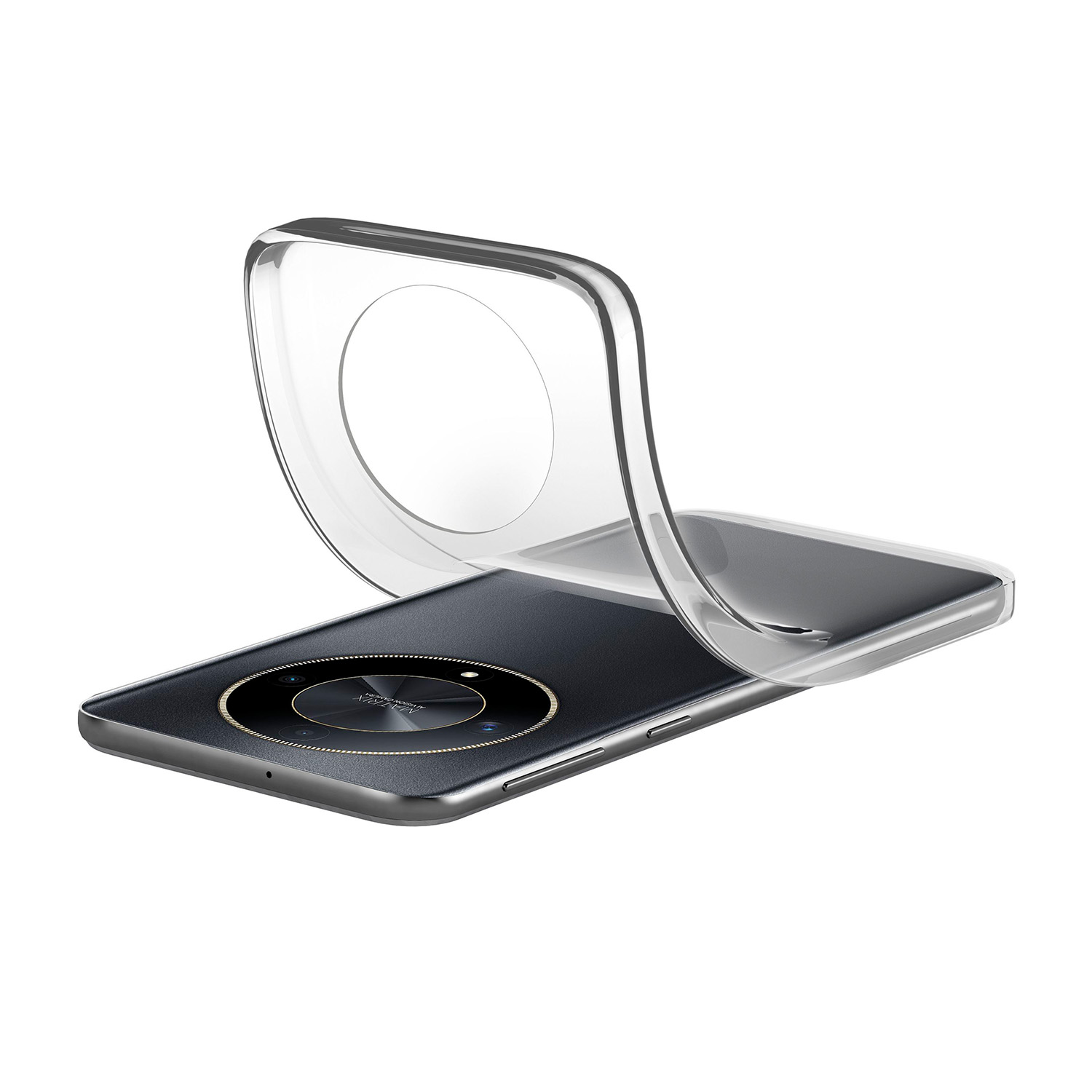 A dark smartphone with a circular camera and a clear case partially covering it.