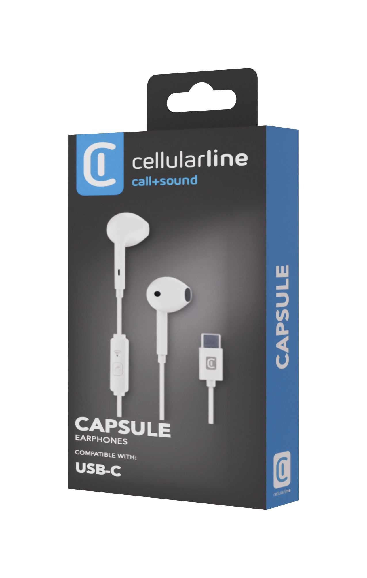 Cellularline Capsule USB-C earphones in packaging. White earbuds with black box.
