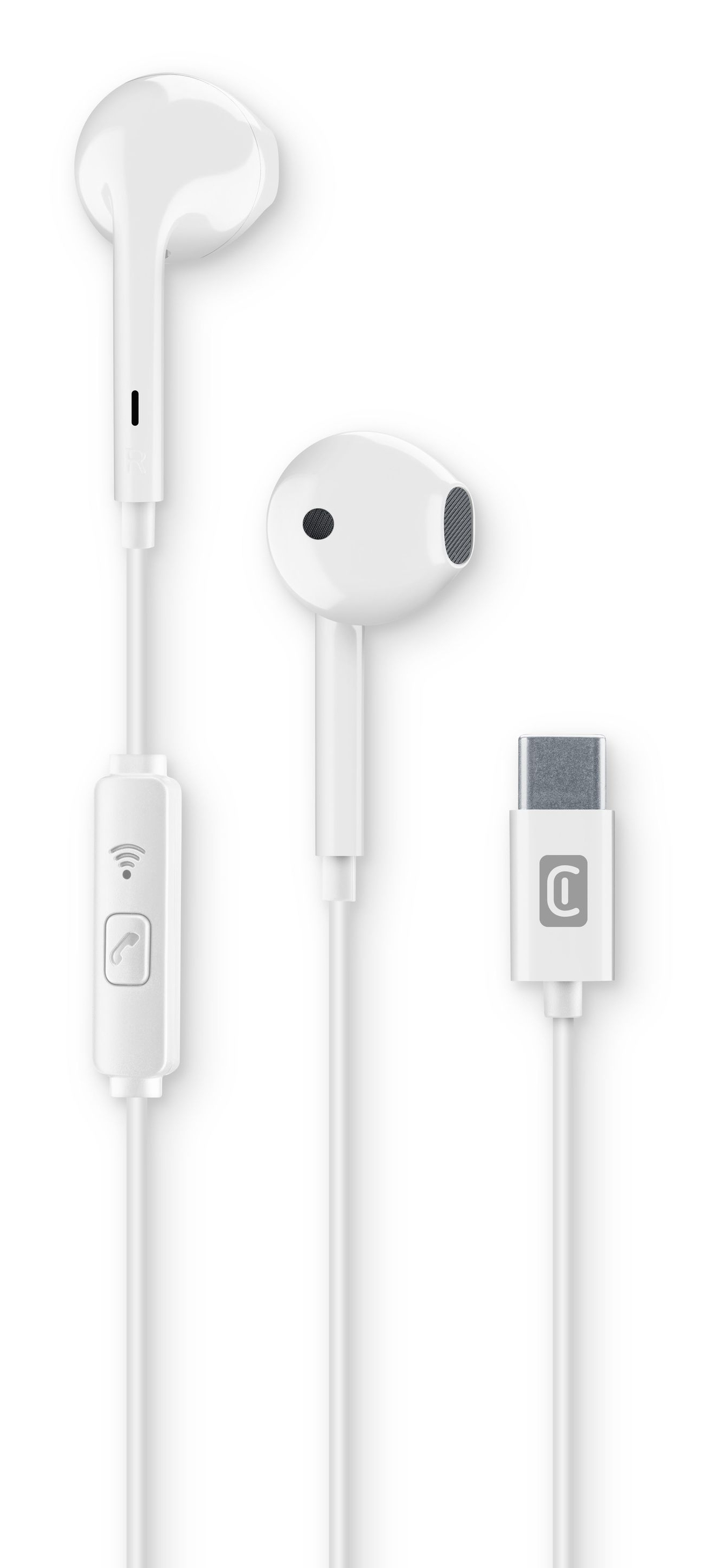 White in-ear headphones with USB-C connector and inline remote.