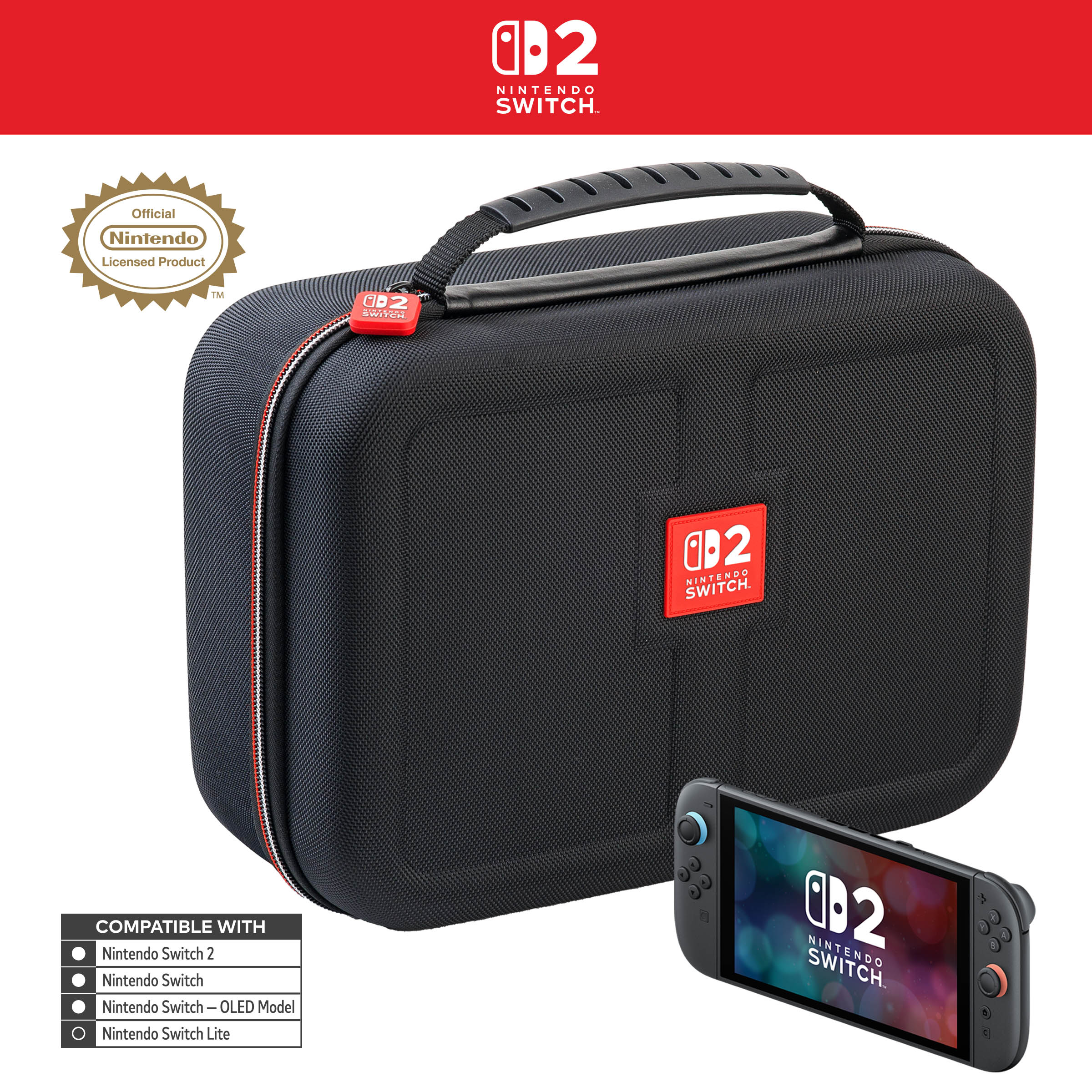 Custodia nera per Nintendo Switch con un Nintendo Switch portatile.