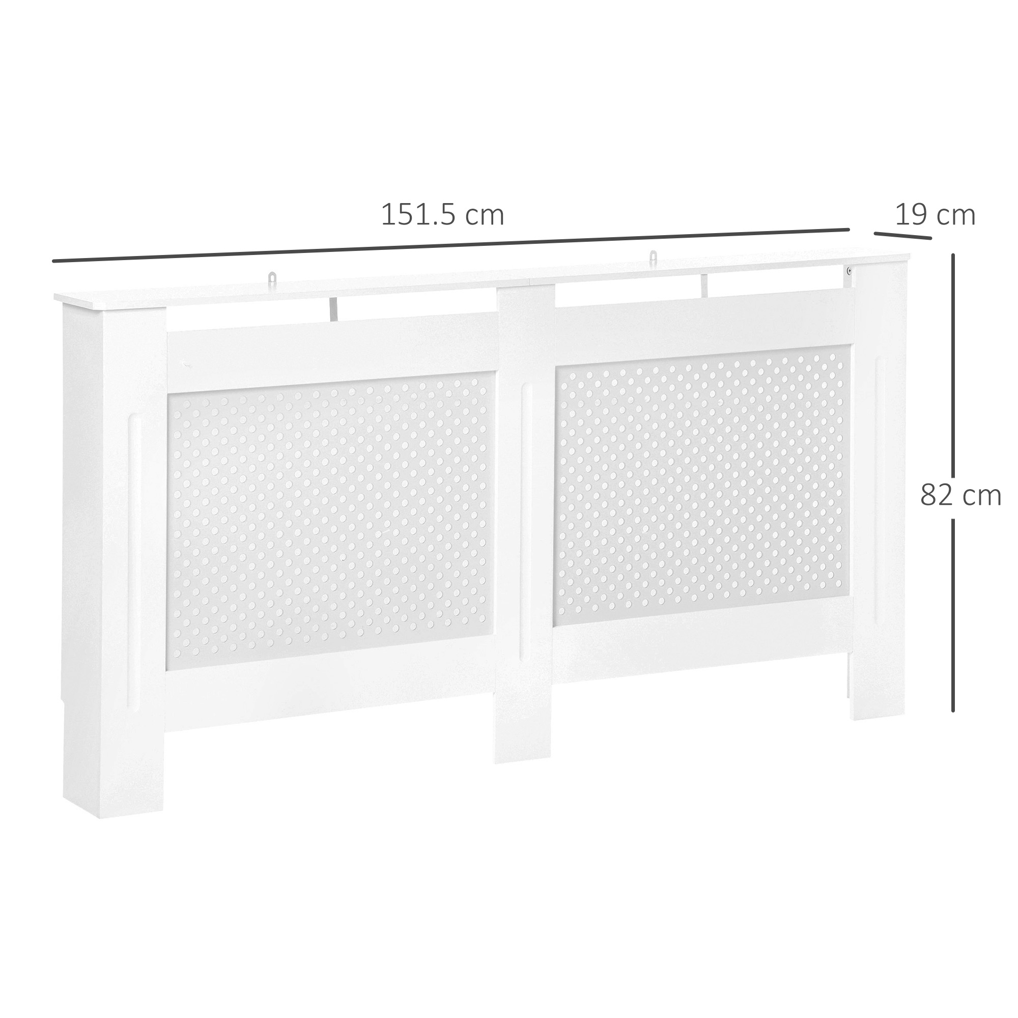 Mobile bianco copritermosifone, lungo 151,5 cm, alto 82 cm, profondo 19 cm.