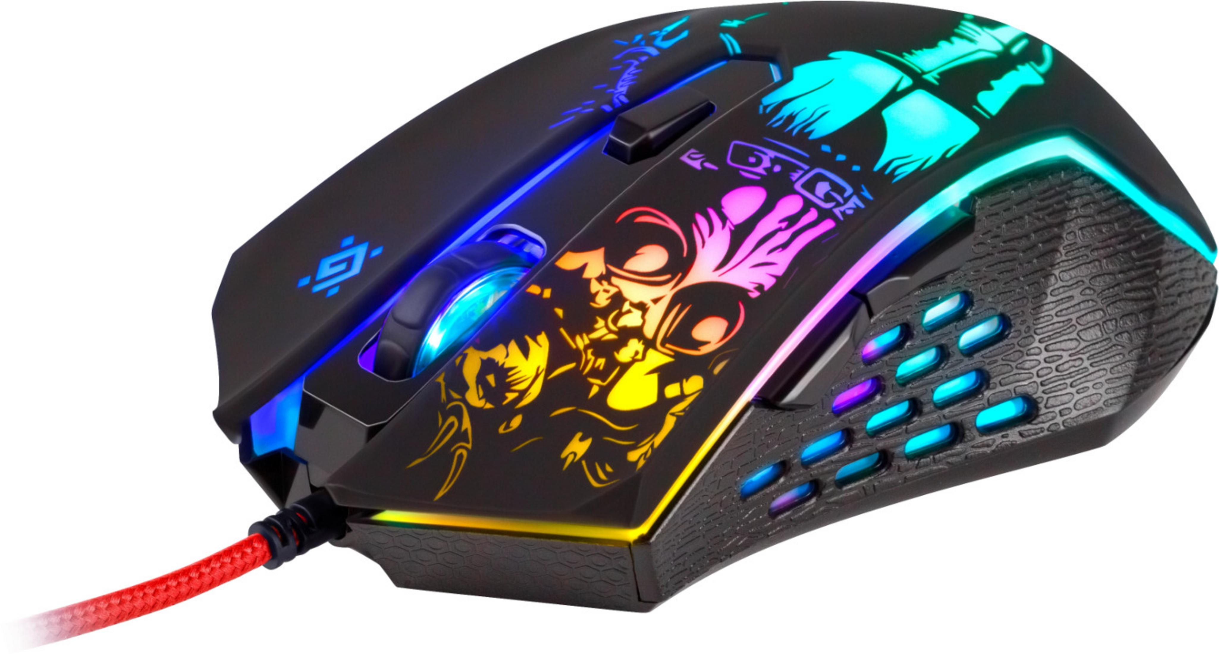 Czarna mysz gamingowa z kolorowymi światłami LED i grafiką.