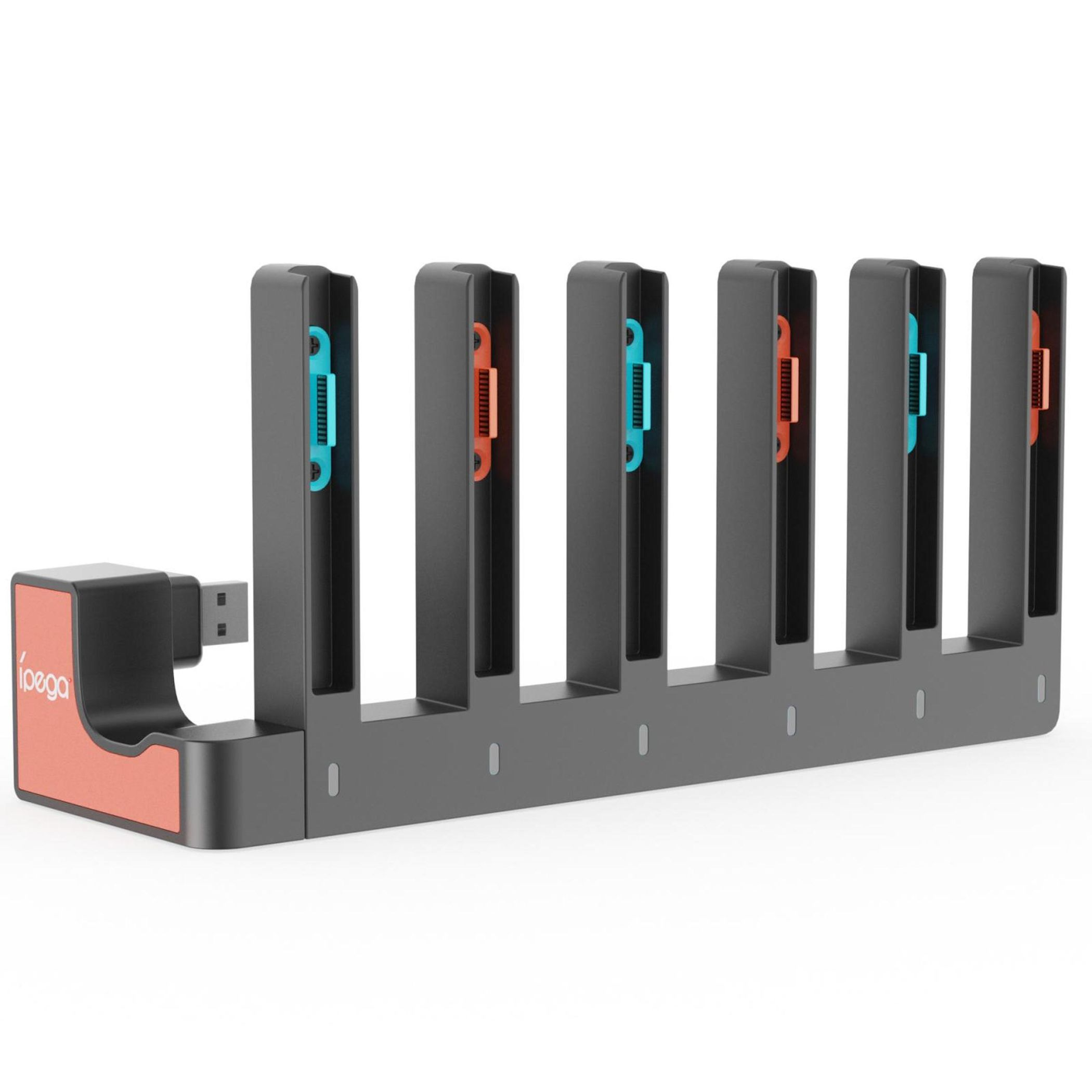 Eine graue Ladestation mit orangefarbener Basis und USB-Anschluss für sechs Controller.