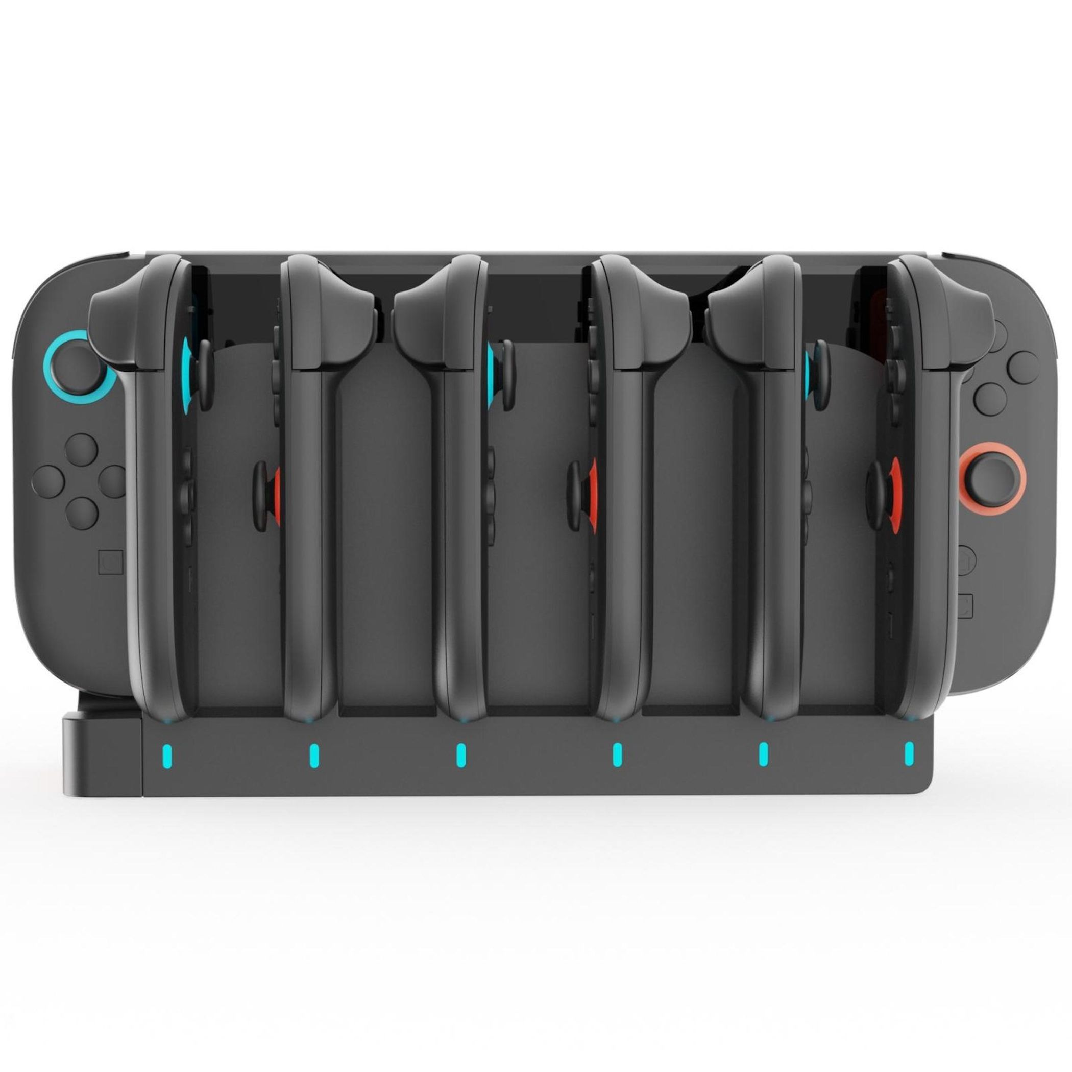 Eine schwarze Ladestation für sechs Controller mit blauen und roten Akzenten.
