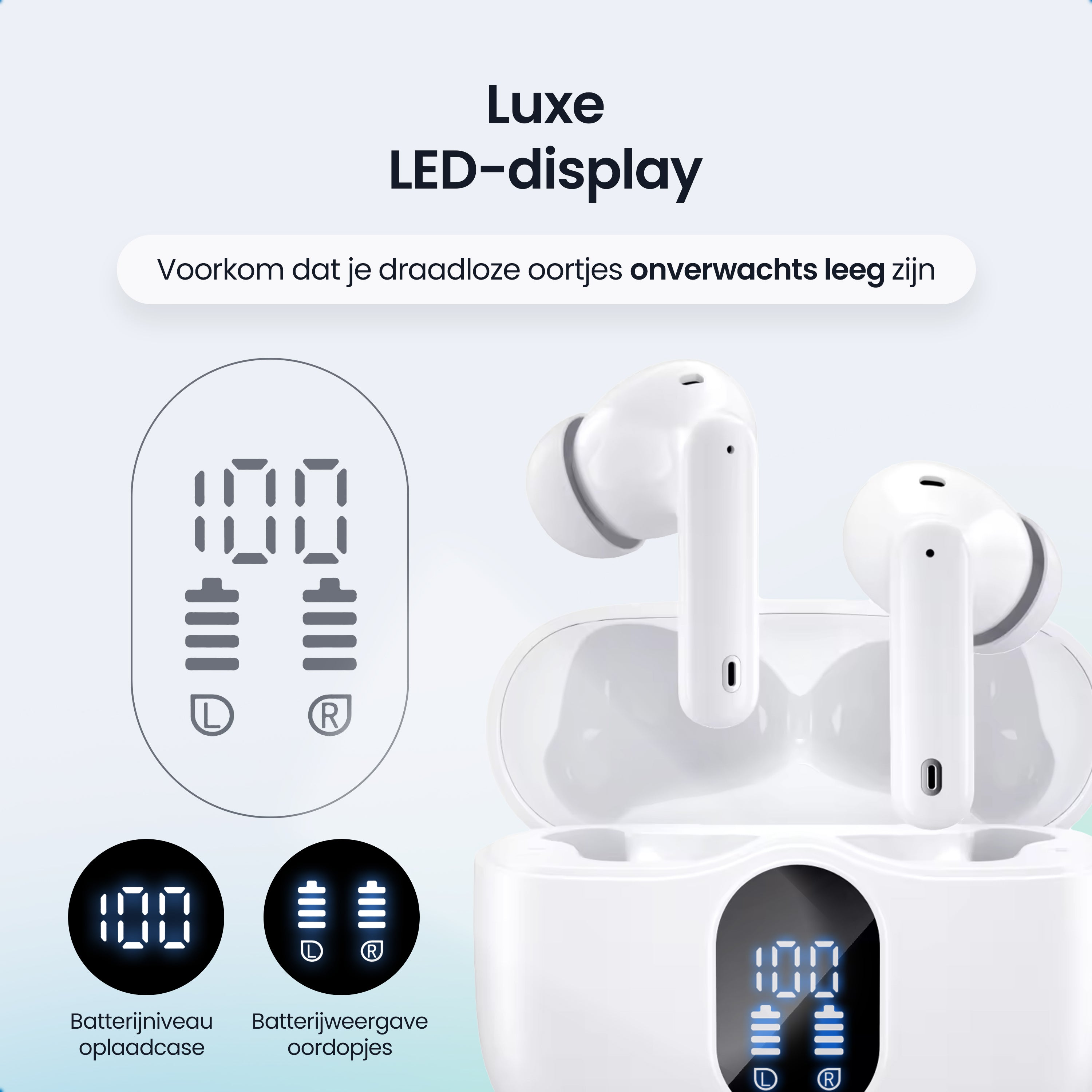 Witte draadloze oortjes in een oplaadcase met LED-display dat het batterijniveau weergeeft.