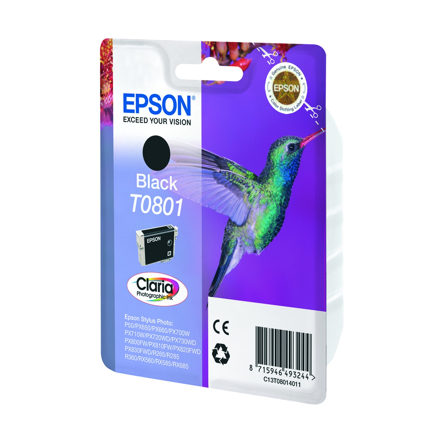 Epson Druckerpatrone T0801 Schwarz mit Kolibri auf violettem Hintergrund.