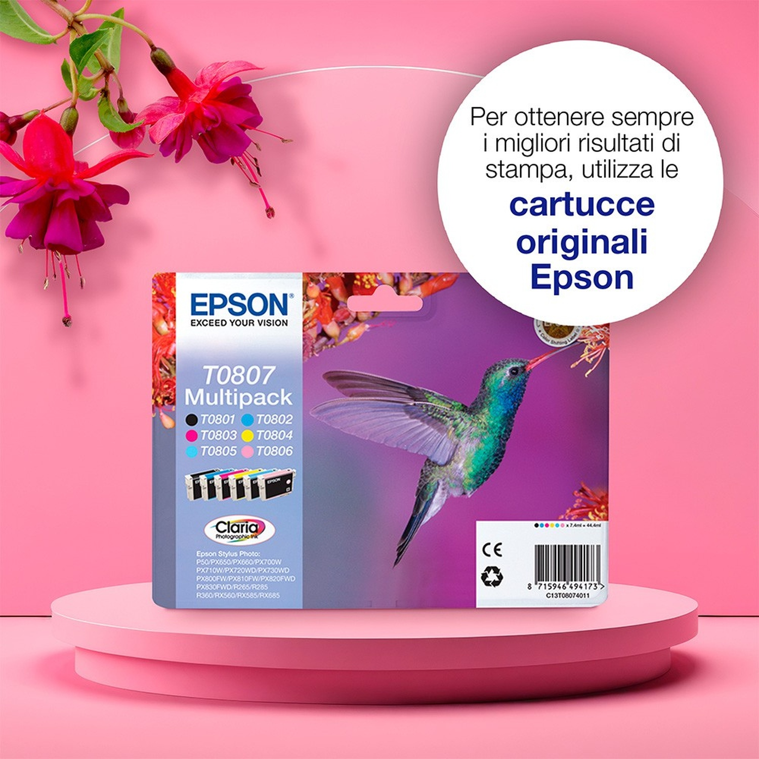 Epson T0807 Multipack Tintenpatronen mit Kolibri-Motiv auf rosa Hintergrund.
