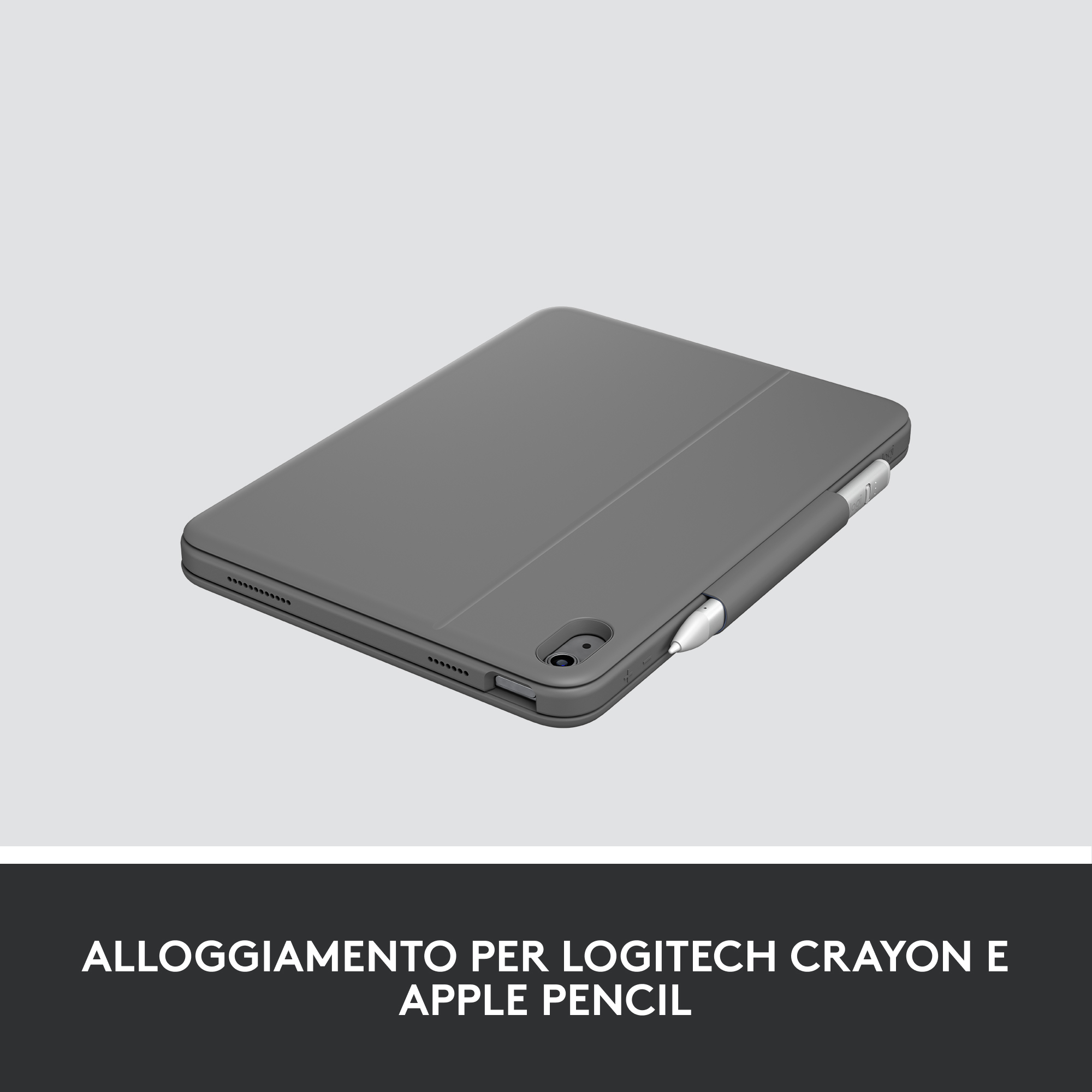 Custodia grigia per tablet con stilo Logitech Crayon inserito.