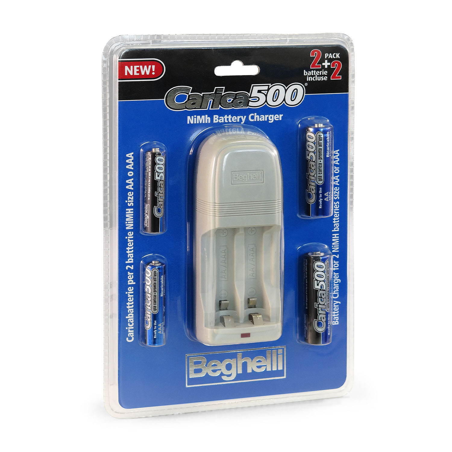Caricabatterie Beghelli Carica 500 NiMH con due batterie AA incluse.