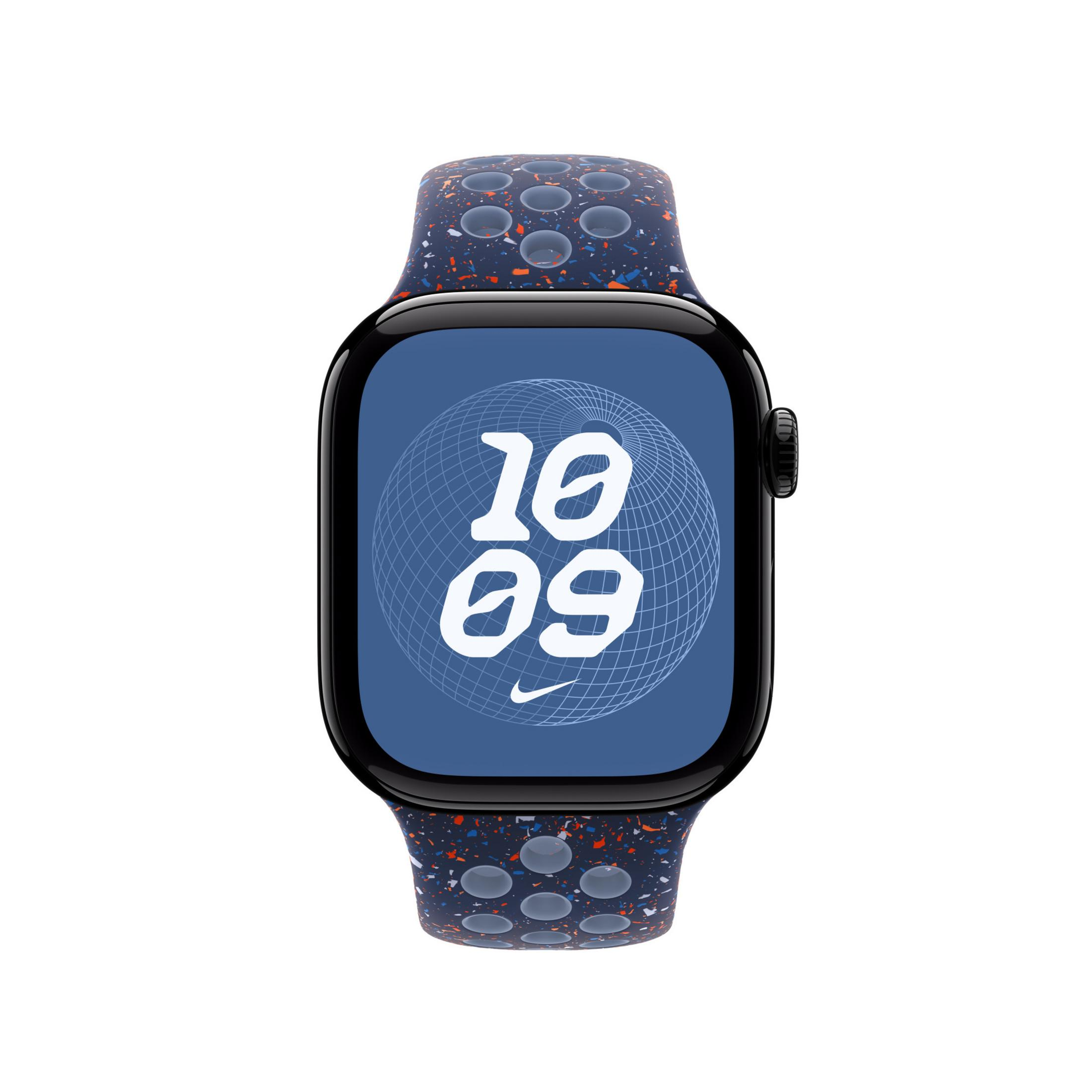 Uno smartwatch con schermo blu che mostra 10:09 e cinturino colorato screziato.