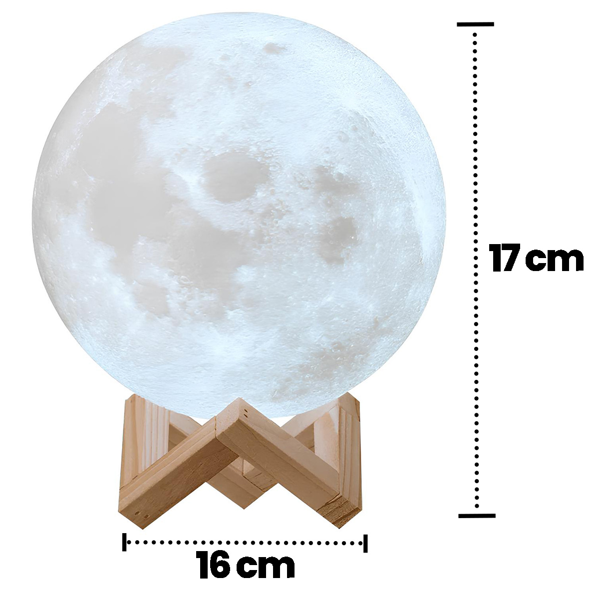 Eine leuchtende Mondlampe auf einem Holzständer, 17 cm hoch und 16 cm breit.