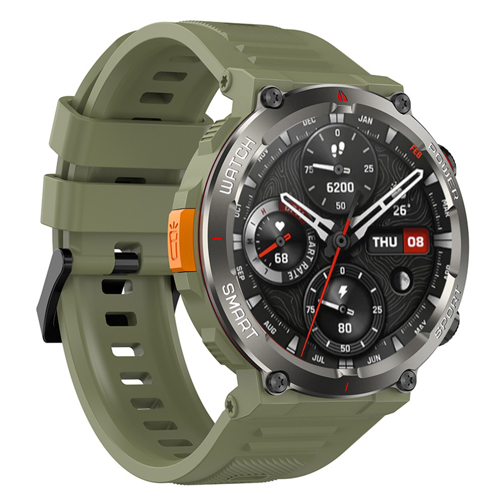 Uno smartwatch verde con quadrante rotondo, mostra ora, battito cardiaco e passi.