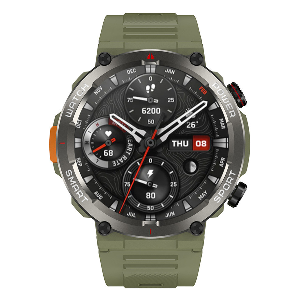 Smartwatch verde con quadrante rotondo che mostra ora, battito cardiaco, passi, data.