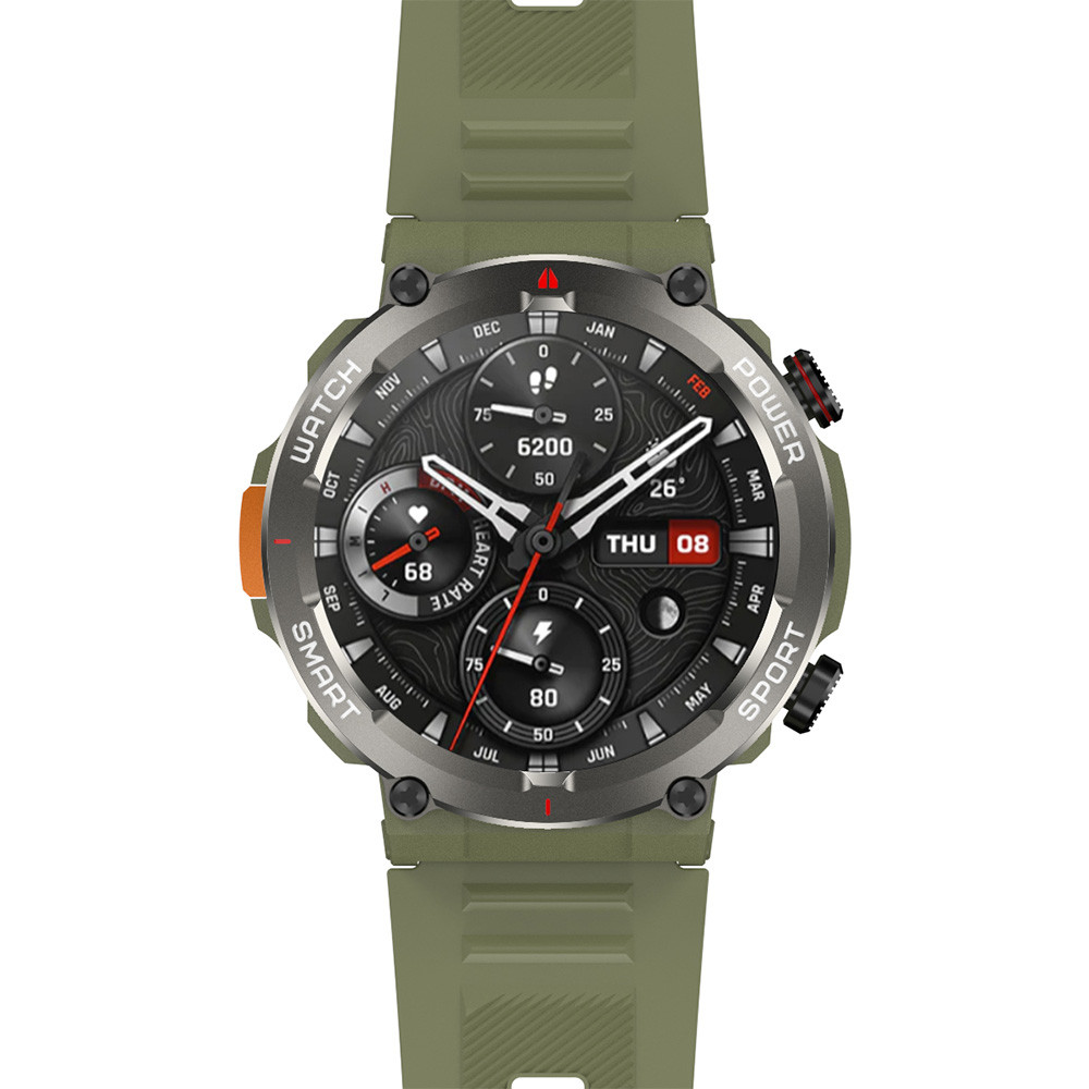 Uno smartwatch verde con cassa argentata e quadranti neri che mostrano statistiche.
