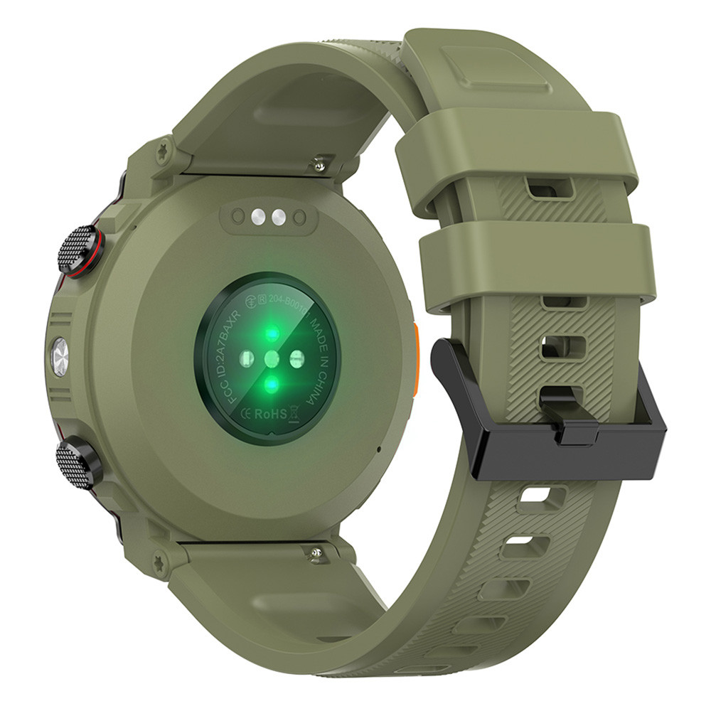 Smartwatch verde con sensore di frequenza cardiaca e fibbia nera.