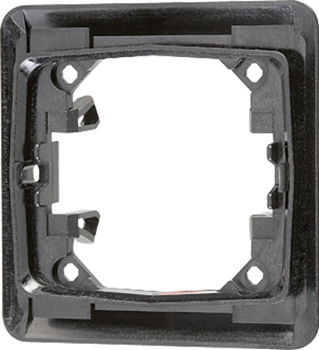 Una cornice rettangolare nera con un'area centrale bianca e clip di montaggio.