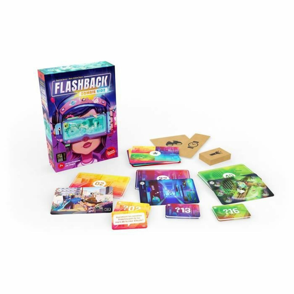 Scatola del gioco da tavolo Flashback Zombie Kidz con carte e gettoni su sfondo bianco.