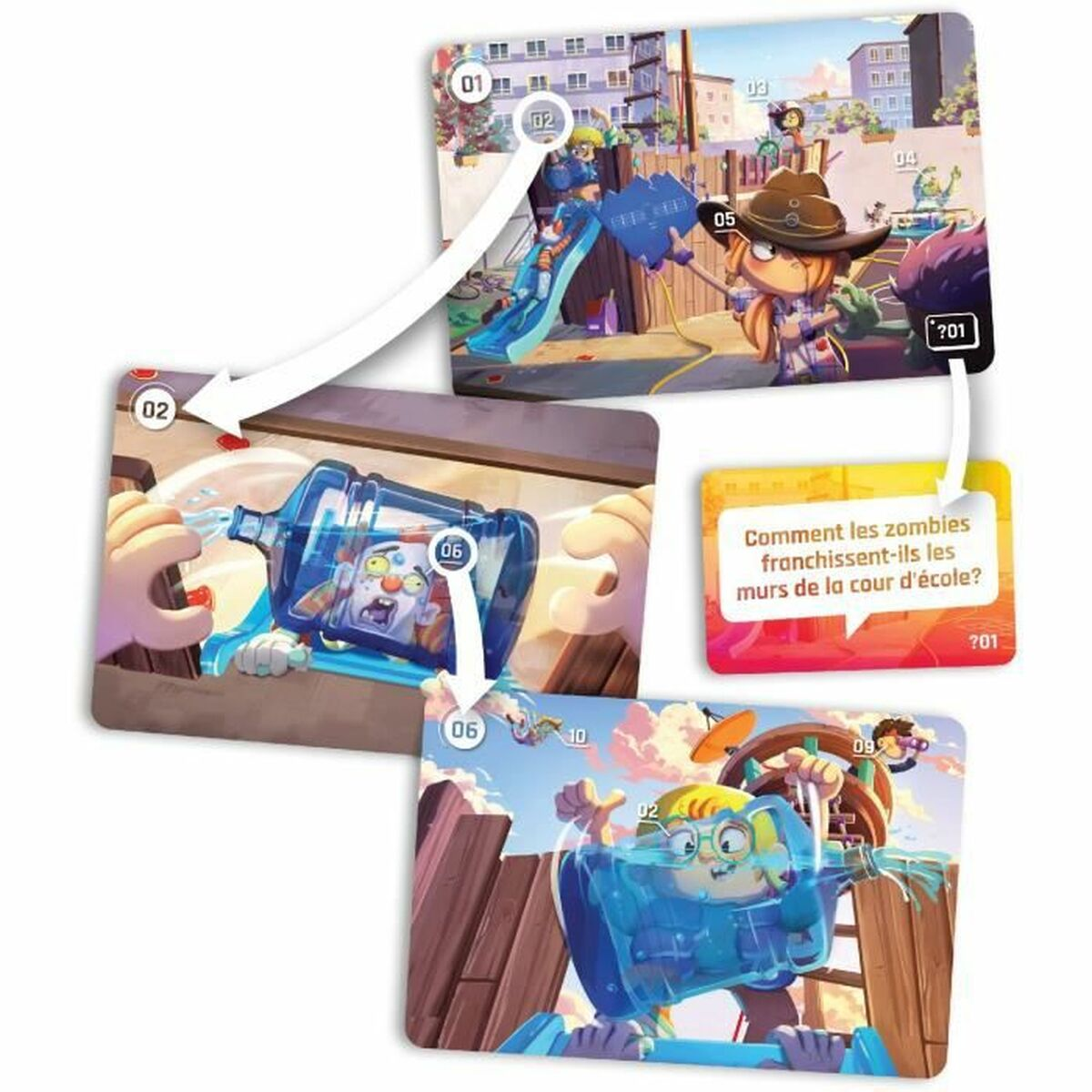Illustrazione a cartoni animati con carte da gioco raffiguranti zombie e bambini.