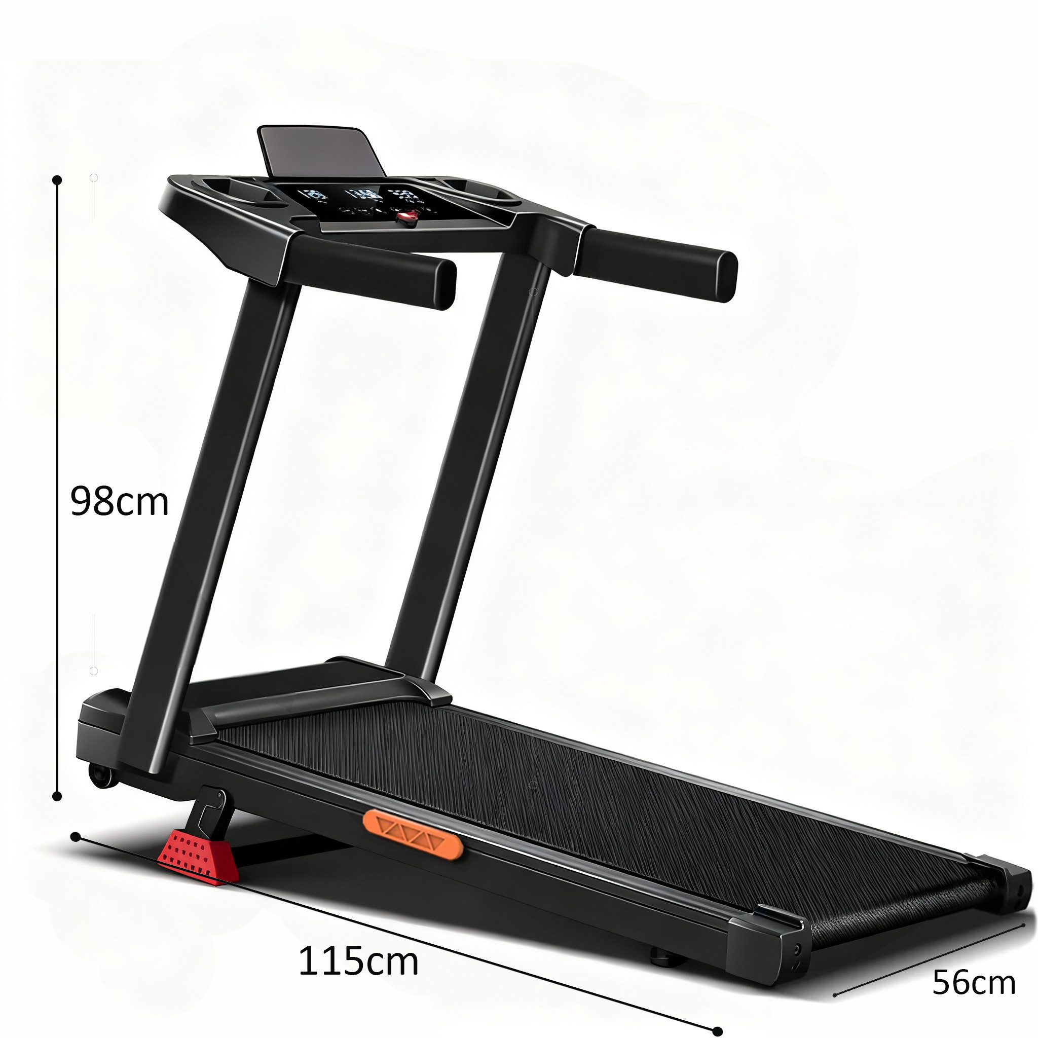 Ein schwarzes Laufband mit Digitalanzeige und Handläufen. Maße: 98cm, 115cm, 56cm.