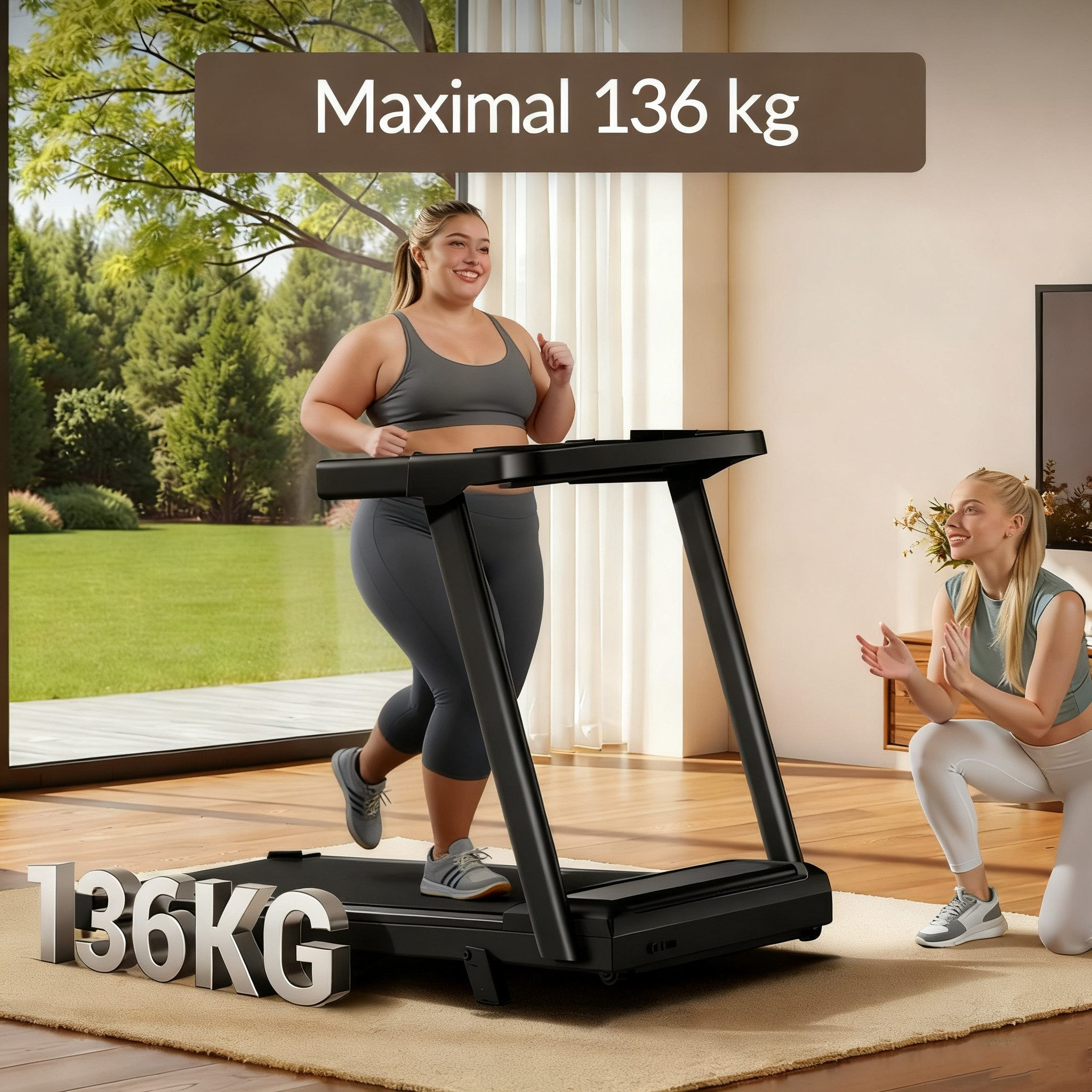 Frau läuft auf Laufband, andere Frau feuert sie an. Maximal 136 kg.