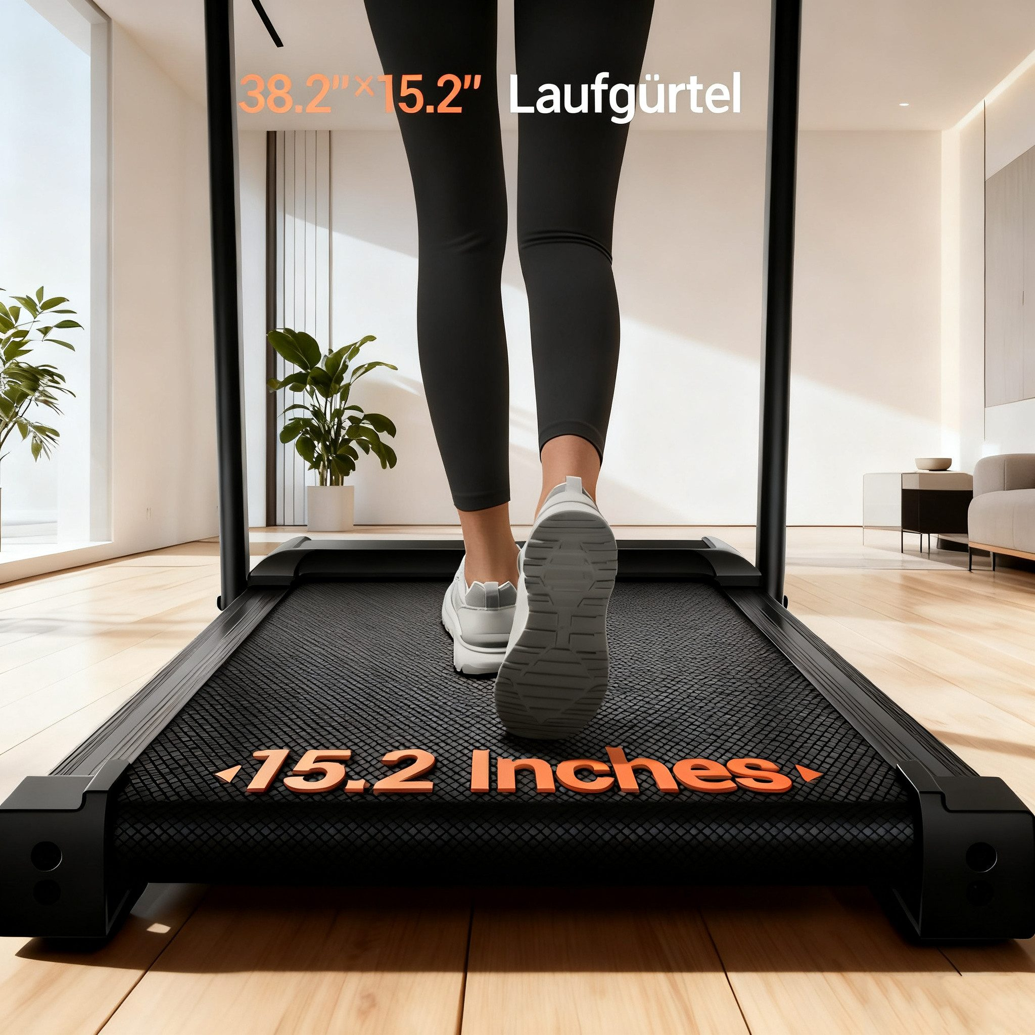 Person auf Laufband, 15,2 Zoll Laufgurtbreite, im modernen Zuhause.