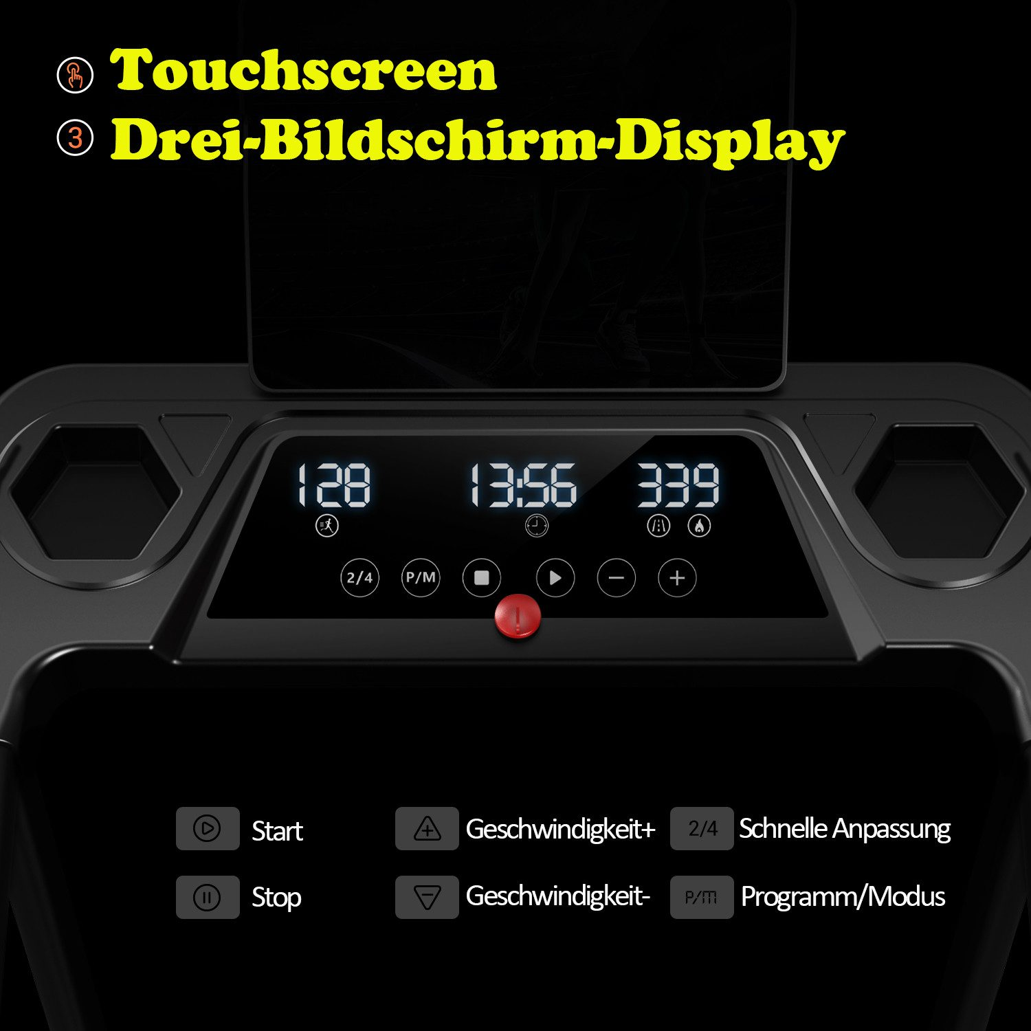 Bedienfeld eines Laufbands mit digitalem Display und Tasten.