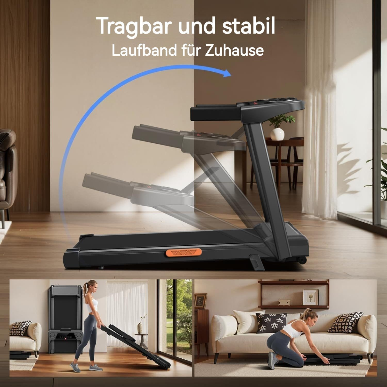 Ein faltbares Laufband, das in Gebrauch und im häuslichen Umfeld gelagert gezeigt wird.