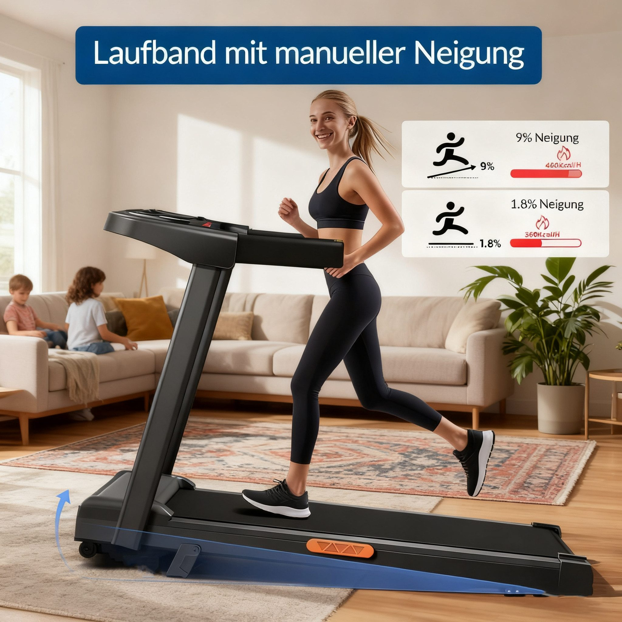 Frau läuft auf Laufband mit Kindern im Hintergrund. Anzeige zeigt Steigung und Kalorien.