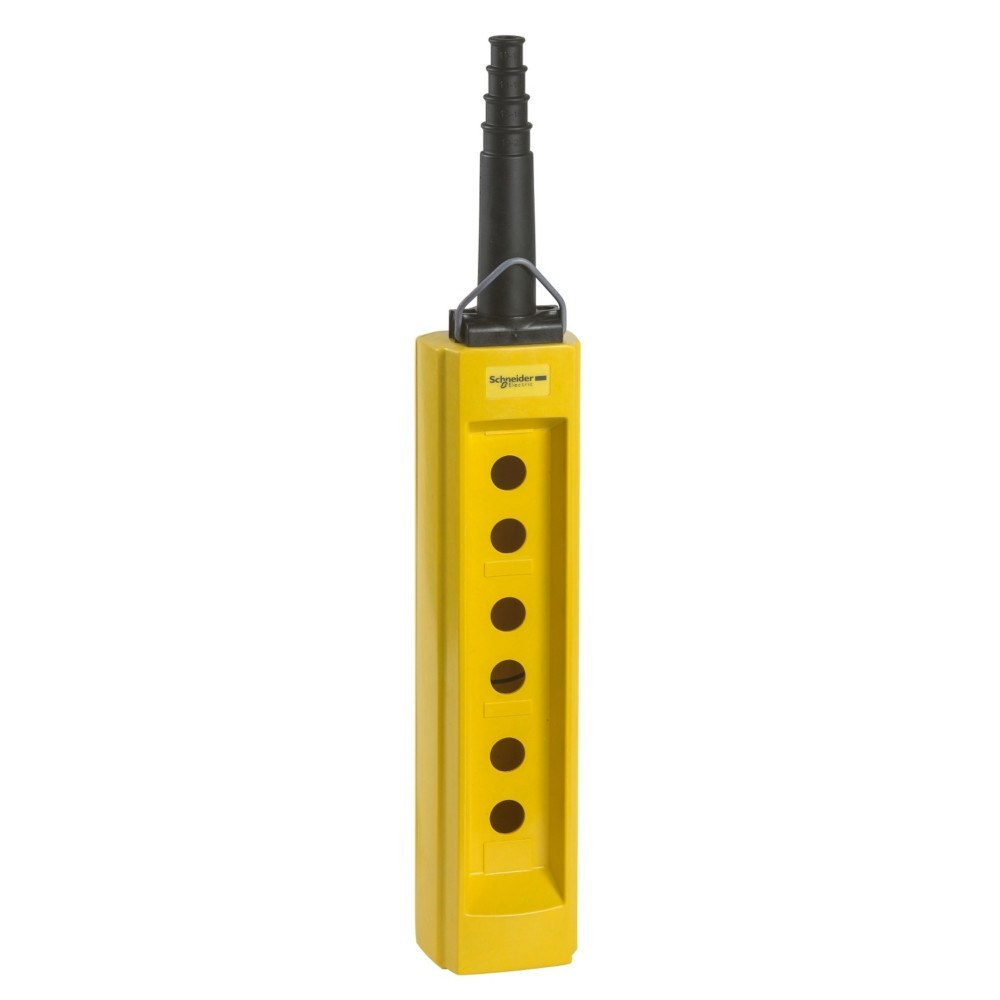 Pendente di controllo giallo con manico nero e sei aperture rotonde.