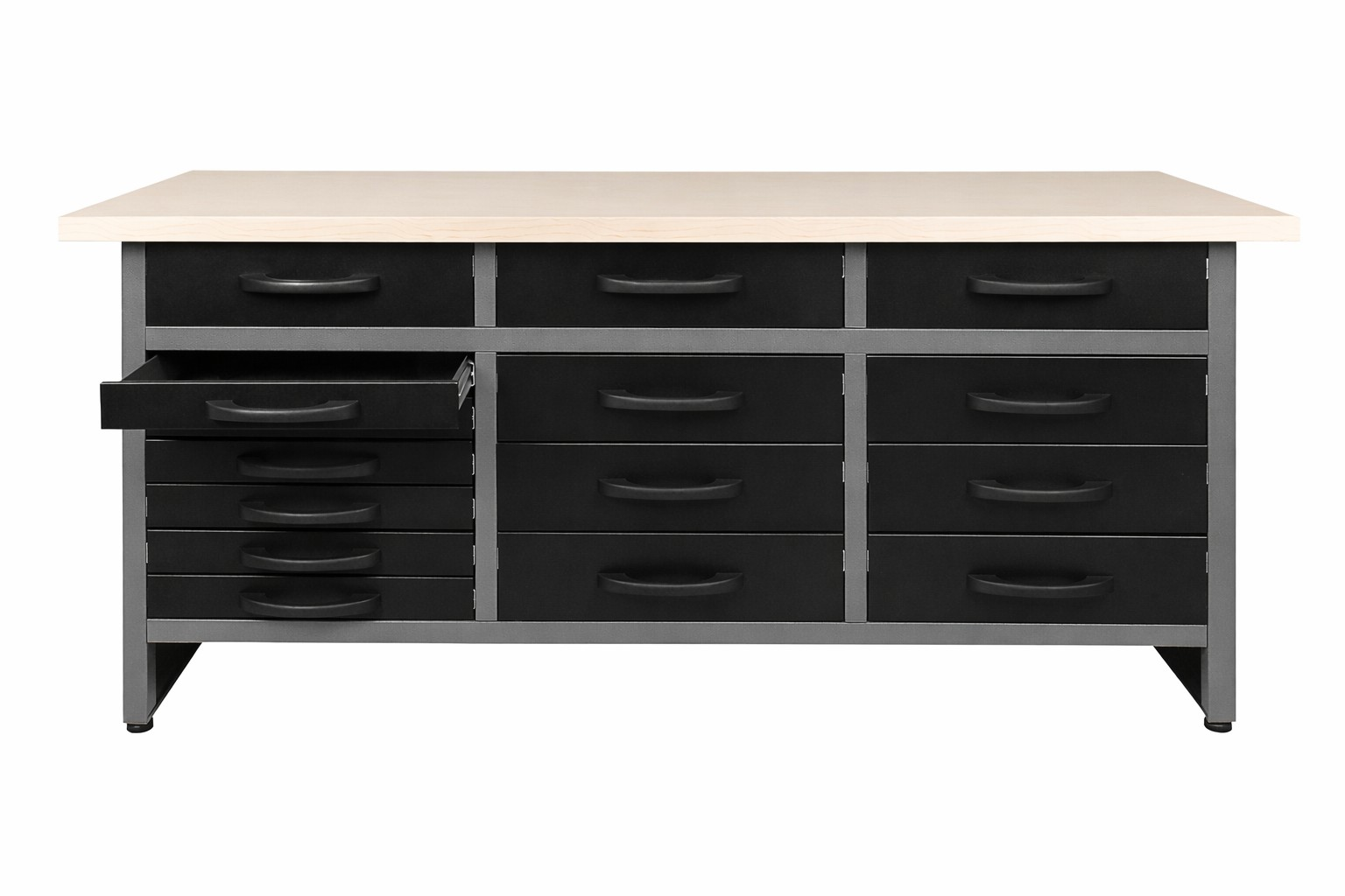 Werkzeugschrank mit heller Arbeitsplatte, schwarzen Schubladen und grauen Metallrahmen.